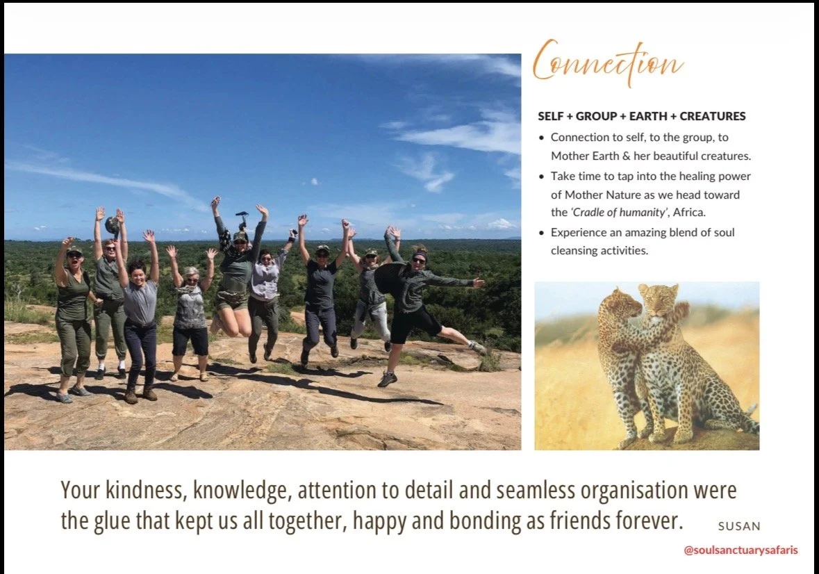 A group of people standing on a rocky terrain outdoors, jumping and posing happily with trees and a blue sky in the background. The image is part of a flyer promoting connection with nature and each other, featuring a photo of two young cheetahs playing in a savanna landscape.