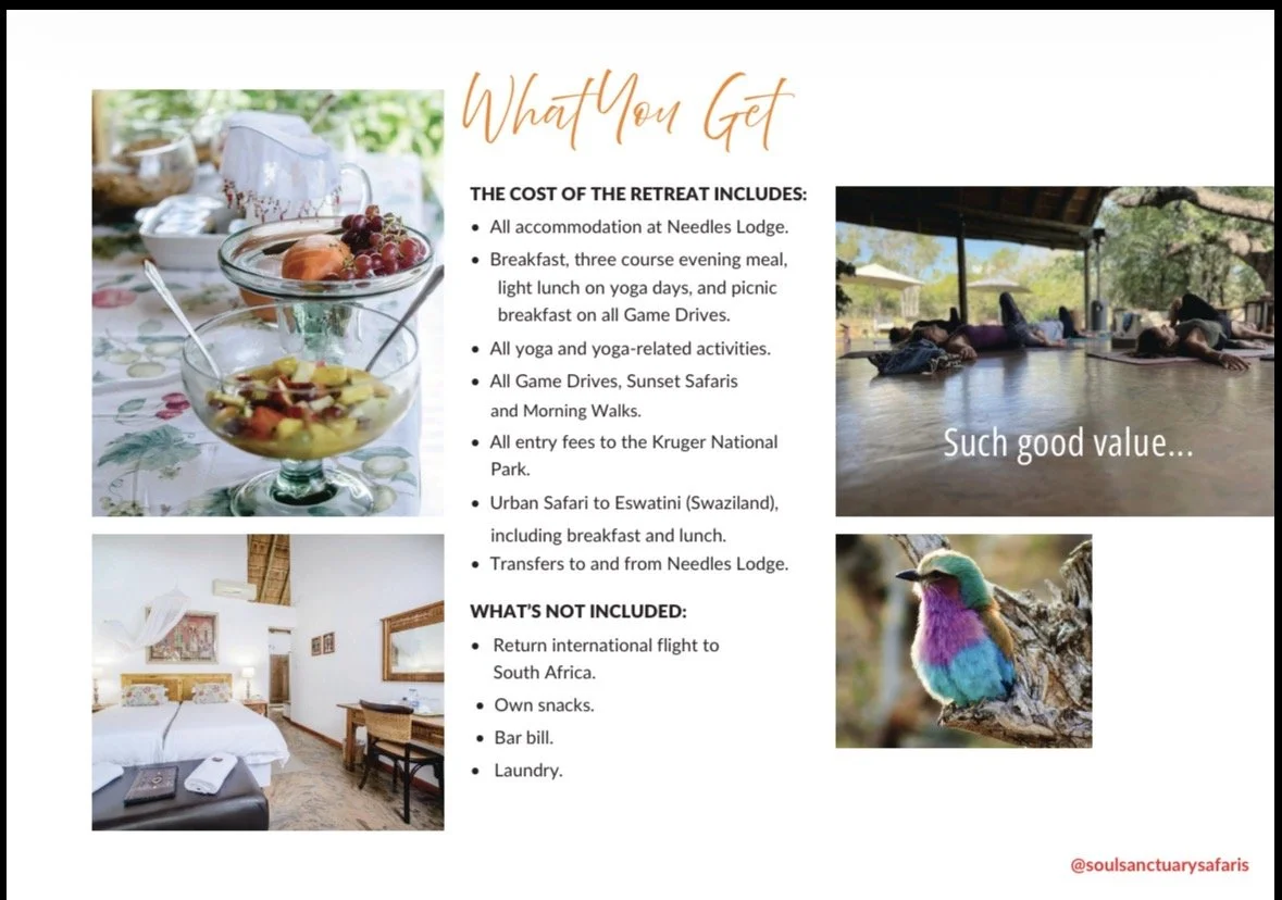 A brochure or flyer explaining the costs and inclusions of a retreat at Needles Lodge, featuring images of breakfast, a yoga session, a cozy hotel room, and a colorful bird, with text detailing what is included and not included.