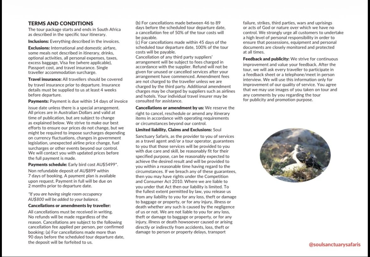 Tour Terms and Conditions document with a small circular image of a tortoise on grassy terrain at the bottom right corner.