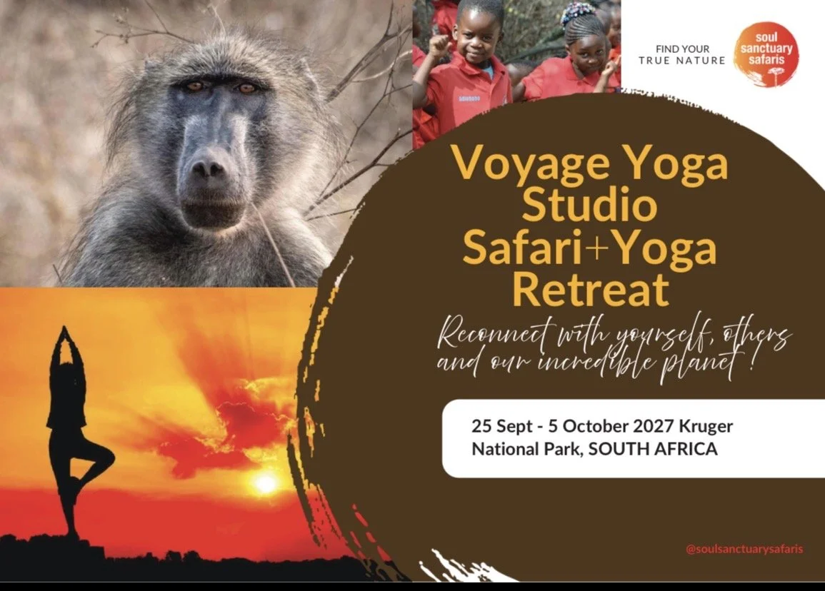 Flyer advertising a Voyage Yoga Studio Safari + Yoga Retreat in South Africa from September 25 to October 5, 2023, featuring a baboon, children smiling, a yoga pose silhouette at sunset, and the Soul Sanctuary Safaris logo.