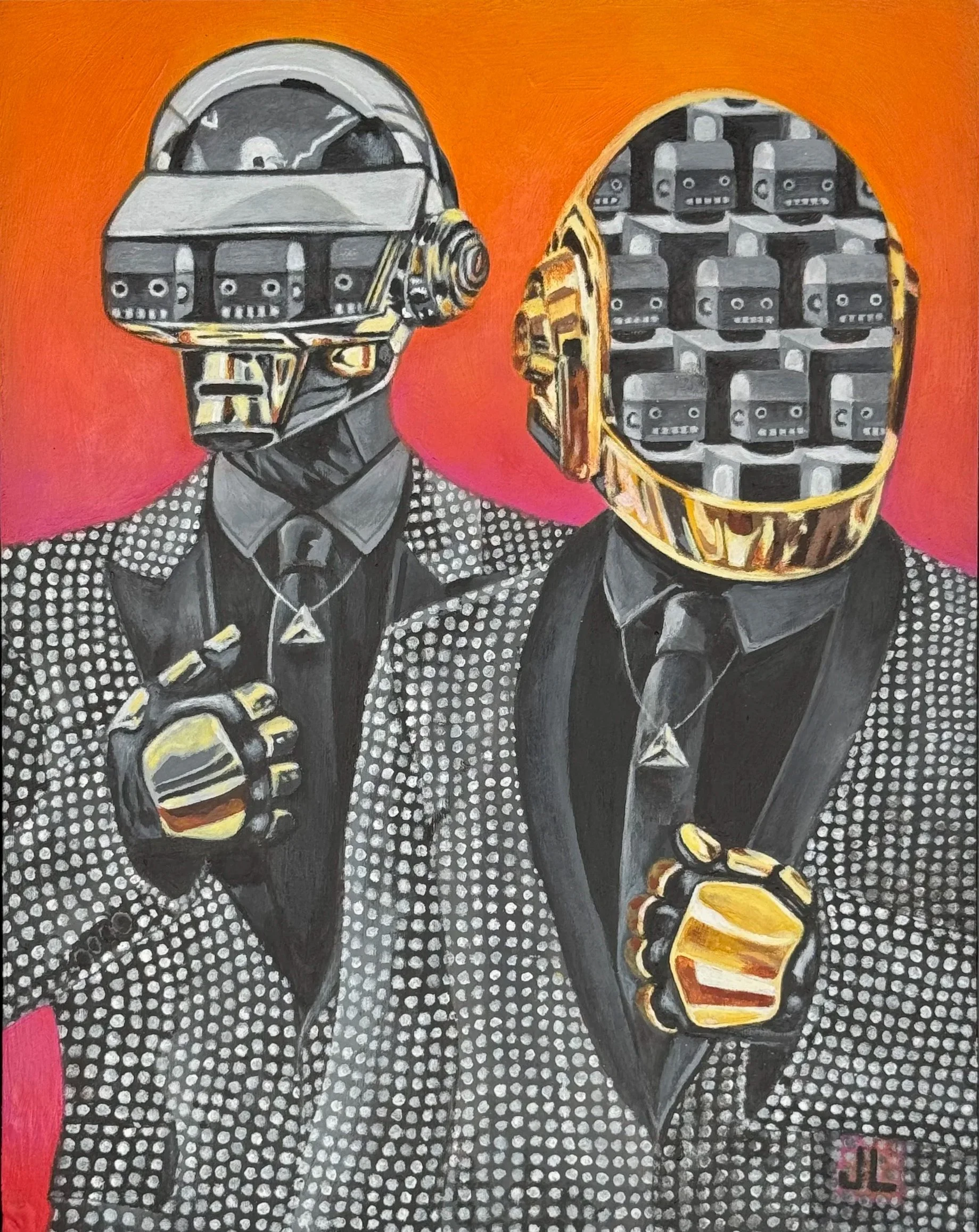 Painting of two men in black suits with dotted patterns, wearing futuristic helmets filled with robotic faces, holding glasses of whiskey, against a gradient orange background.