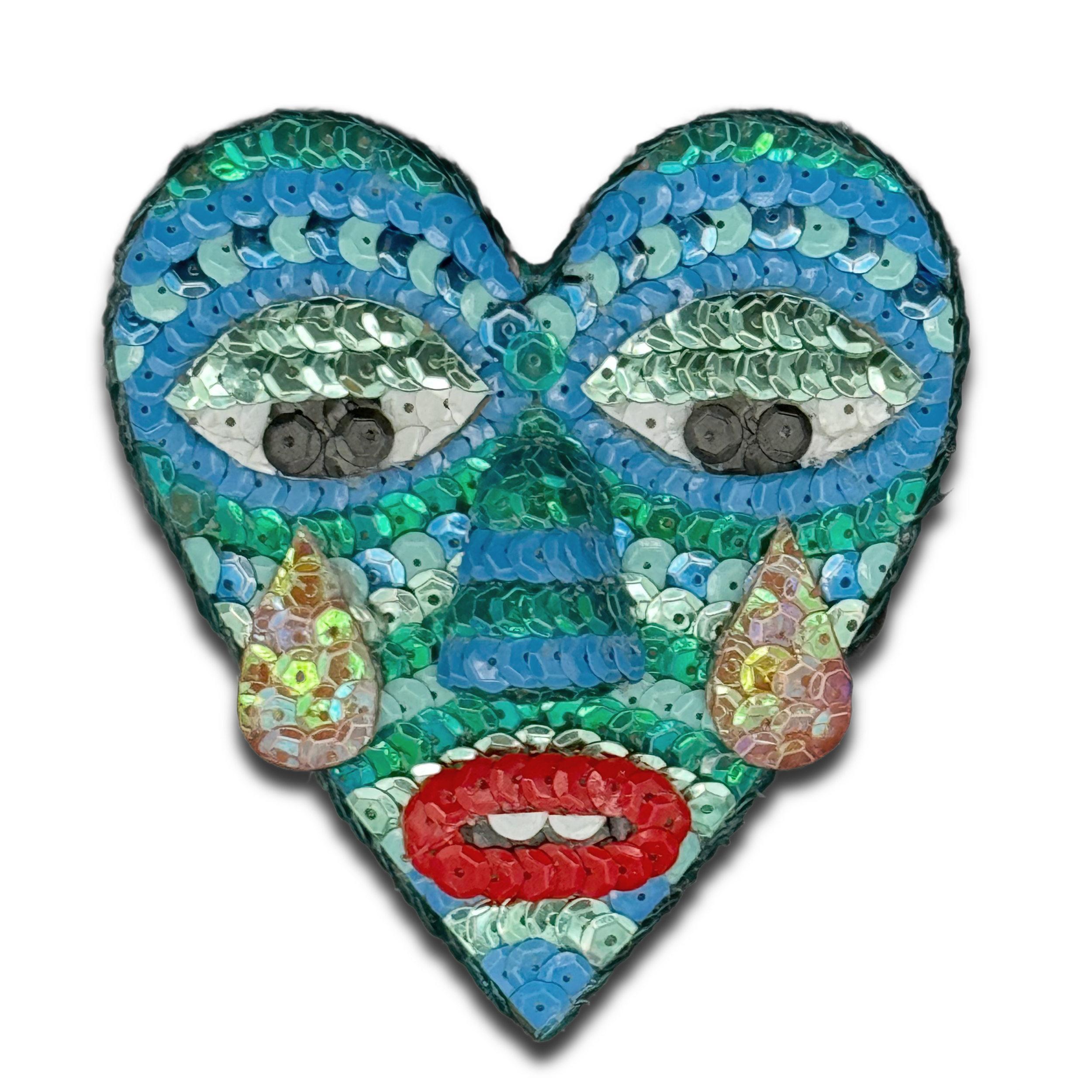 Colorful sequin heart-shaped mosaic resembling a crying clown face with teardrops and red lips on a black background.