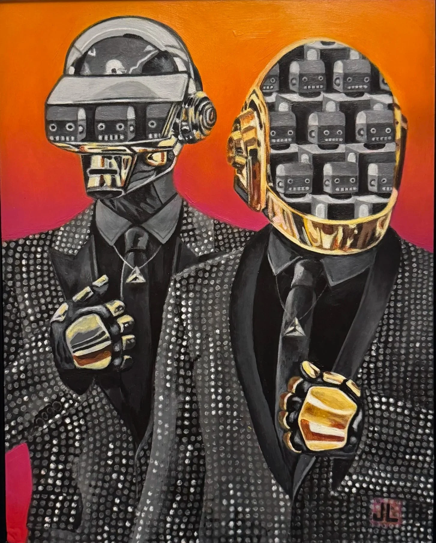 Painting of two men in suits with holographic robot helmets, one holding a glass of drink, against a pink and orange background.
