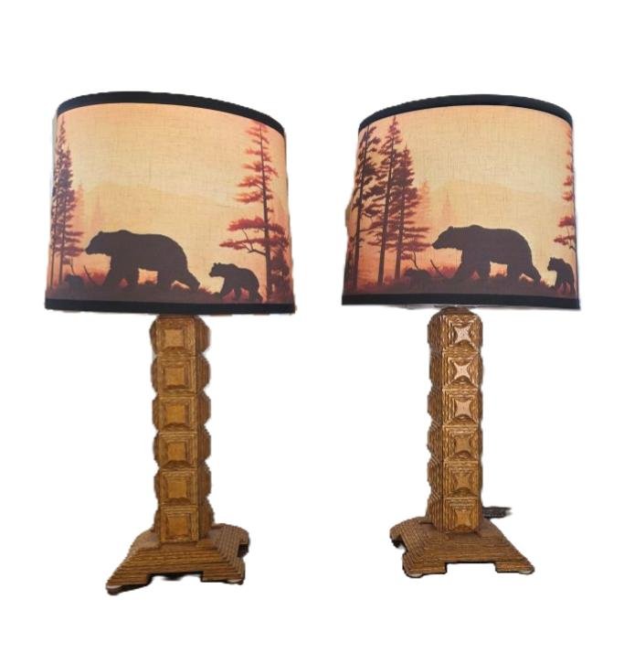 Rustic Bear Silhouette Tramp Art Lamp Pair