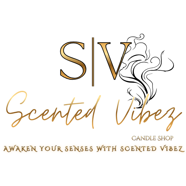 Logos and text for Scented Vibe Candle Shop, including the tagline 'Awaken Your Senses with Scented Vibe'z'.