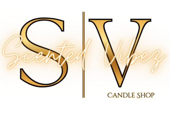 Logo for Scented Vipers Candle Shop with yellow background and colorful swirling design.