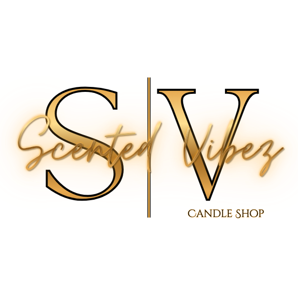 Logo for Scented Vibe Candle Shop with stylized text and wood grain background