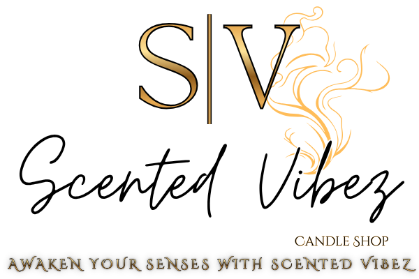 Logo for Scented Vibez Candle Shop with the tagline "Awaken Your Senses with Scented Vibez" and decorative golden swirls.