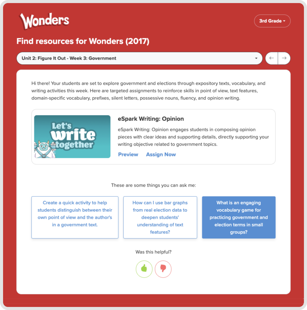 Teacher Assistant interface with AI generated lesson recommendations for a Wonders reading lesson