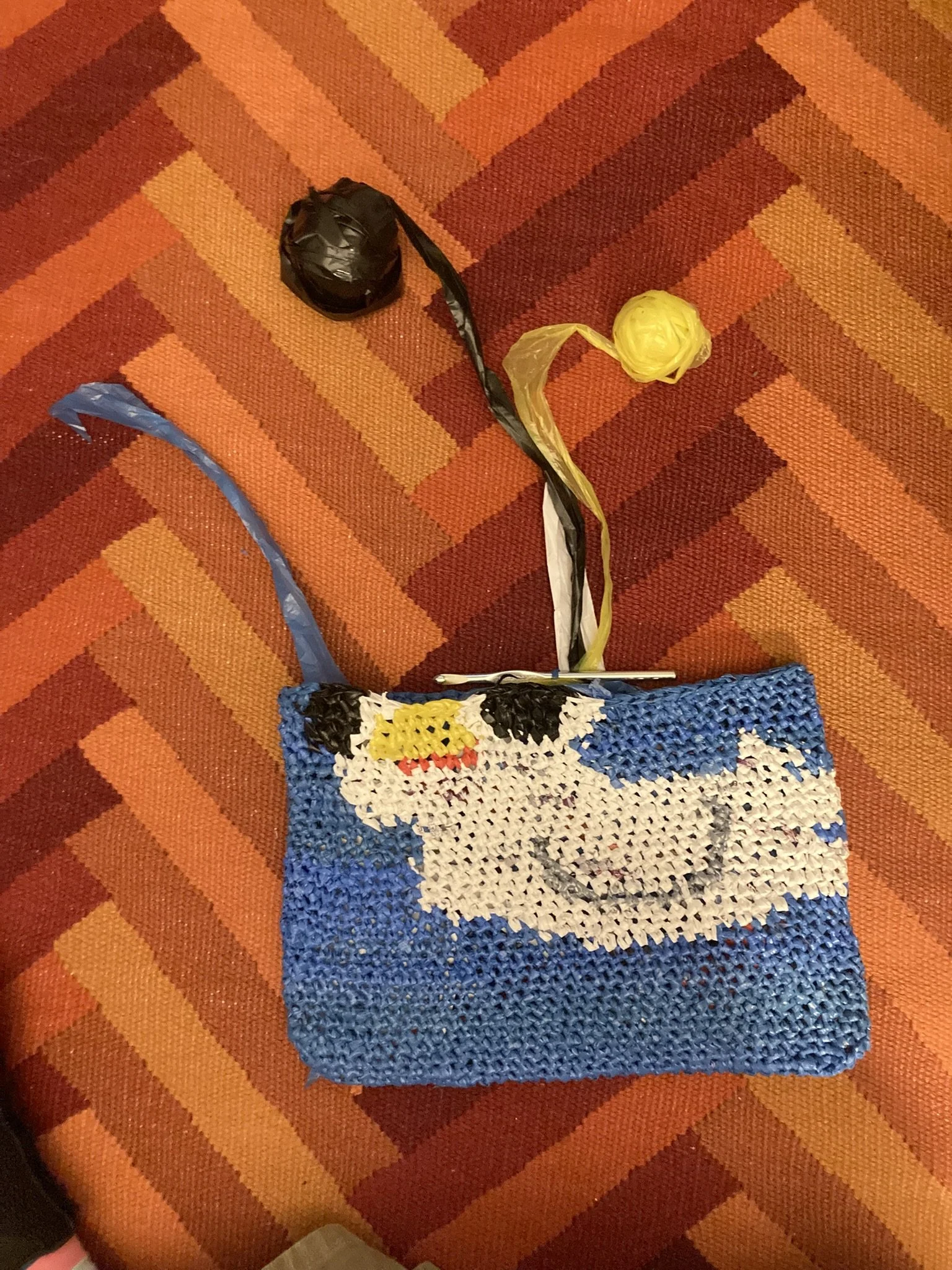 White bag used for the body. Black bag used for the eyes.  NYTimes delivery bags used for the background.