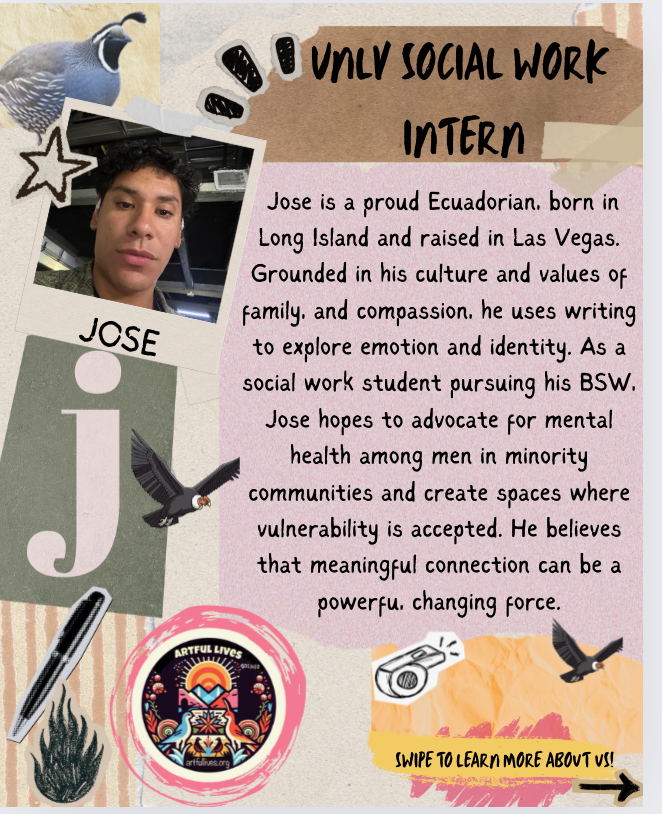 A digital collage featuring a young man named Jose, who is South American, with a brief biography about his background, values, and aspirations. The collage includes decorative elements like a pheasant bird, a camera icon, a pen, a logo with colorful designs, and handwritten text encouraging viewers to swipe to learn more.