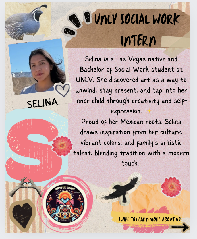 Collage featuring a peacock, a photo of a young woman named Selina, a pink decorative 'S', a colorful circular art piece, a black heart on a wooden background, a black and white bird, pink flowers, and handwritten text about Selina's background and interests in social work, culture, and creativity.