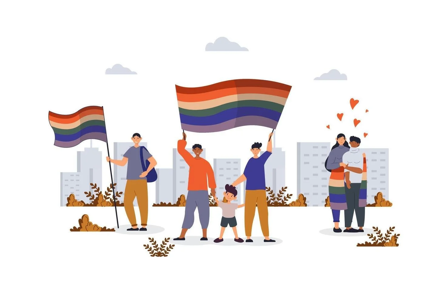 Illustrated scene of diverse LGBTQ+ community members standing together in front of a city skyline. Two people hold large rainbow Pride flags, while a small child stands between two adults. On the right, a couple embraces with small hearts above them