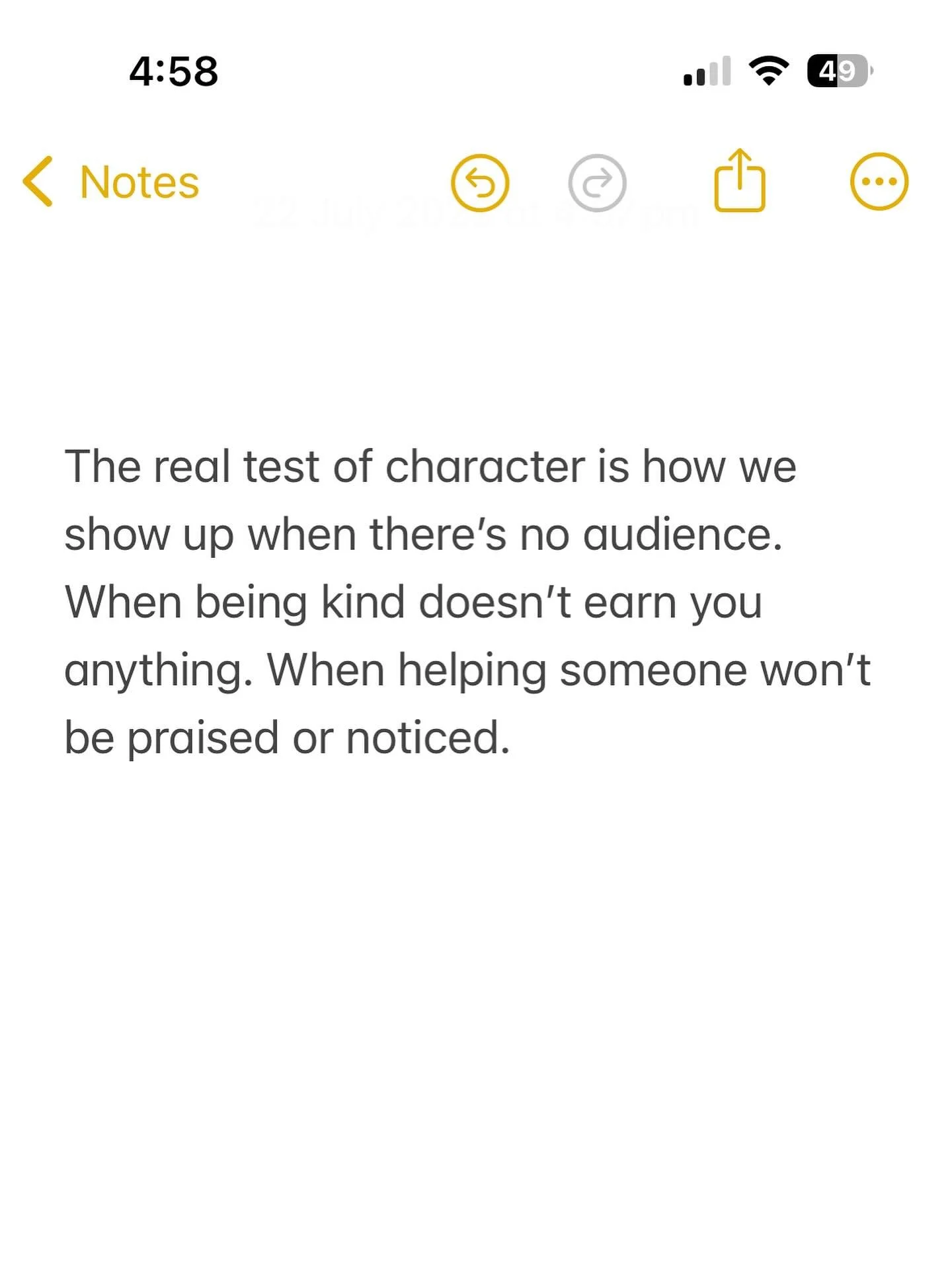 It&rsquo;s easy to be kind when it gets you something. 
When people are watching, when it makes you look good. 
How do you show up when no one&rsquo;s clapping? 

Really sitting with this thought this week and reflecting on how I teach and show this 