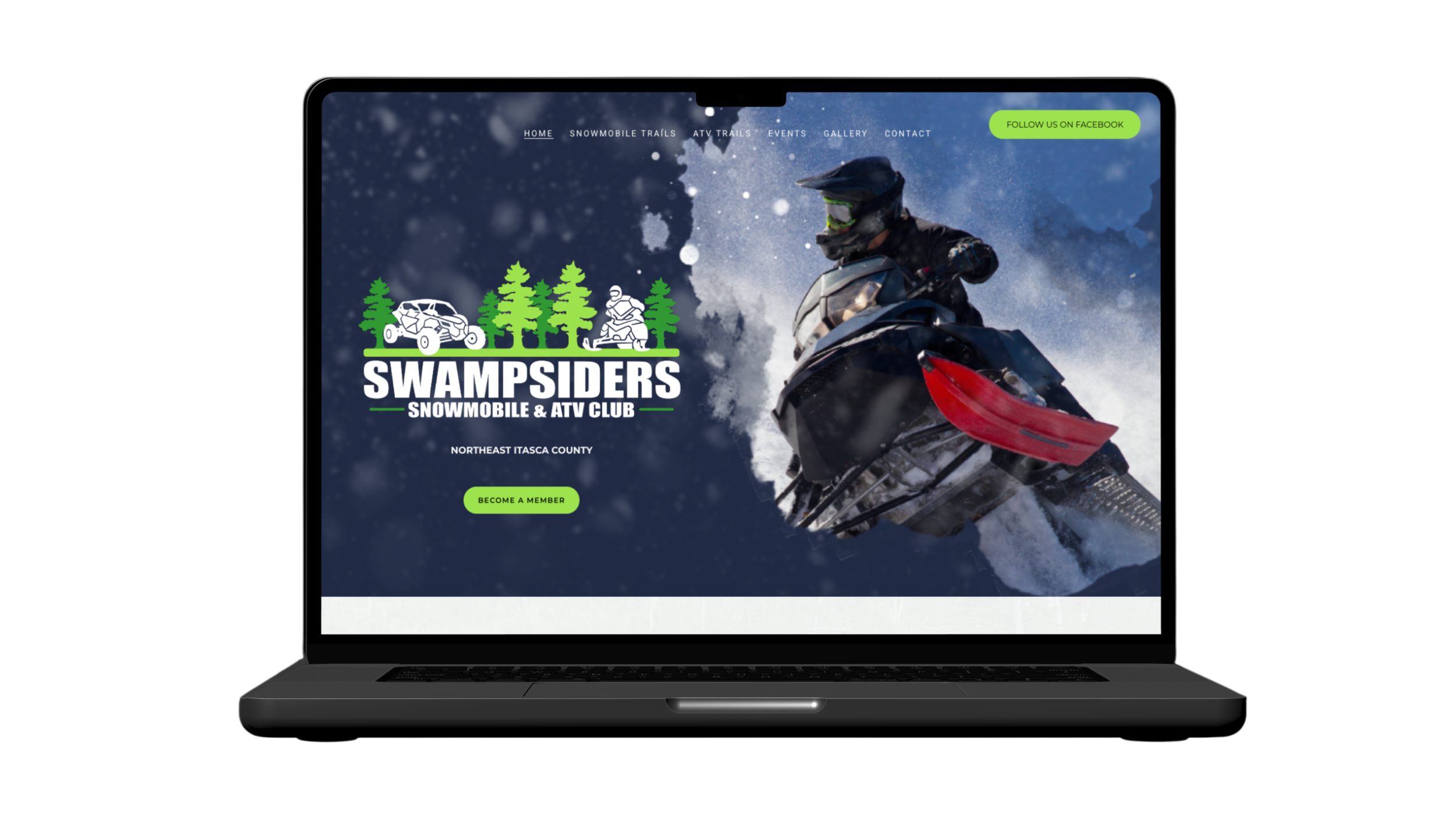 A laptop screen displaying the homepage of Swampsiders Snowmobile & ATV Club with a background image of a person riding a snowmobile through snow. The website has navigation links, a green button to follow on Facebook, and another green button to become a member.