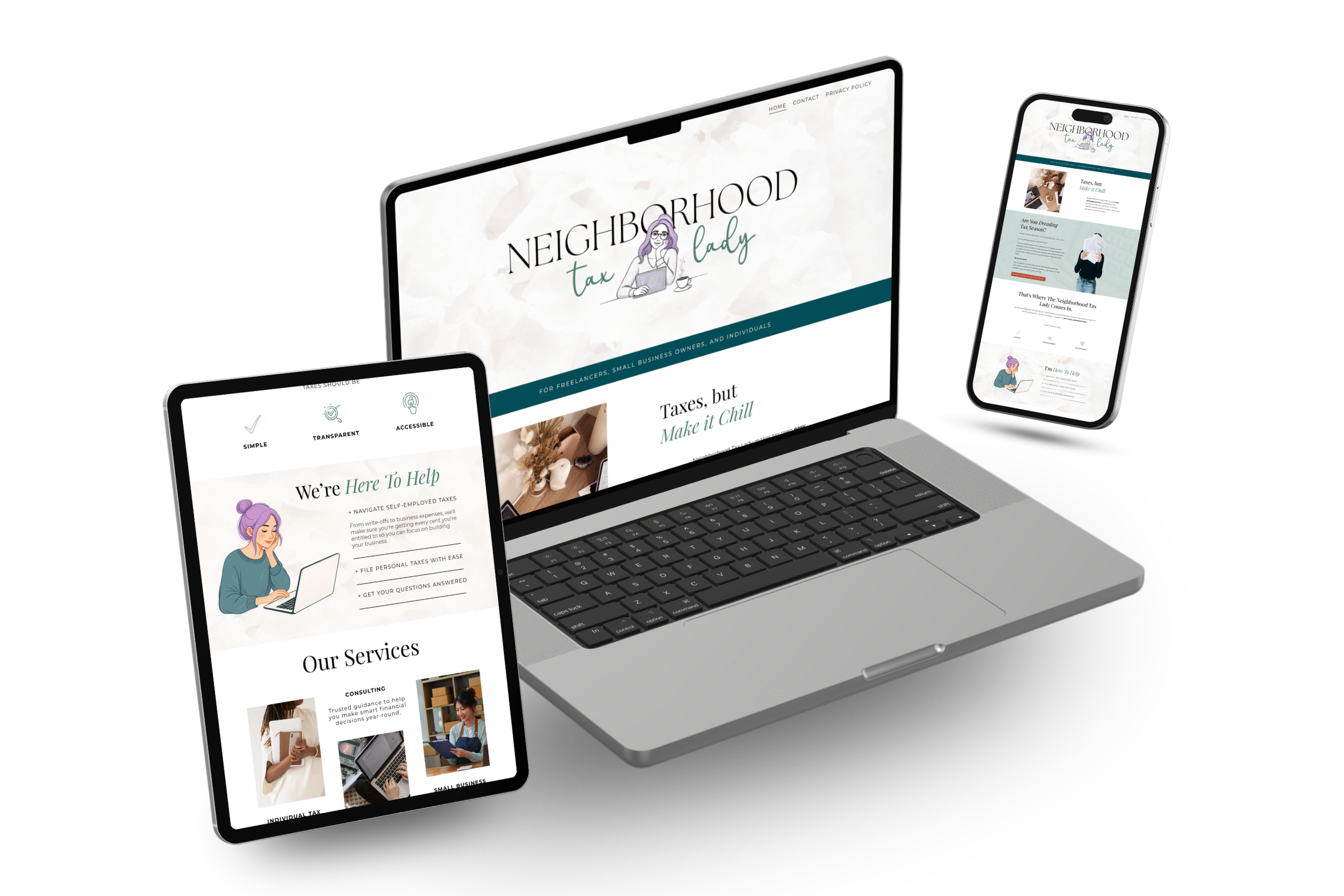 Multiple digital devices displaying a website for 'Neighborhood Tax Lady', including a laptop, tablet, and smartphone, on a black background.