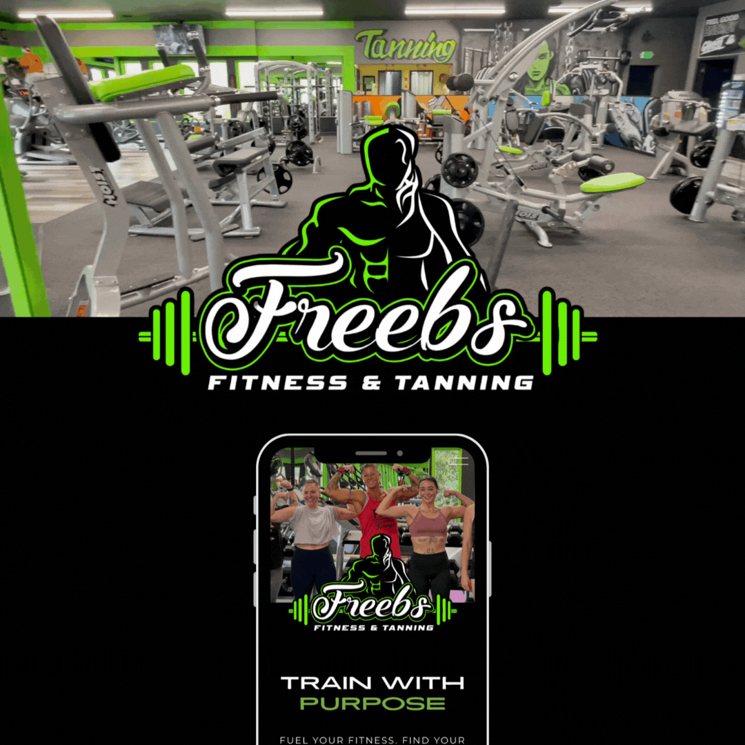 A gym interior with various workout equipment, a logo for Freeb's Fitness & Tanning featuring a muscular figure, and a promotional image of three women flexing their muscles, under a sign that says "Tanning".