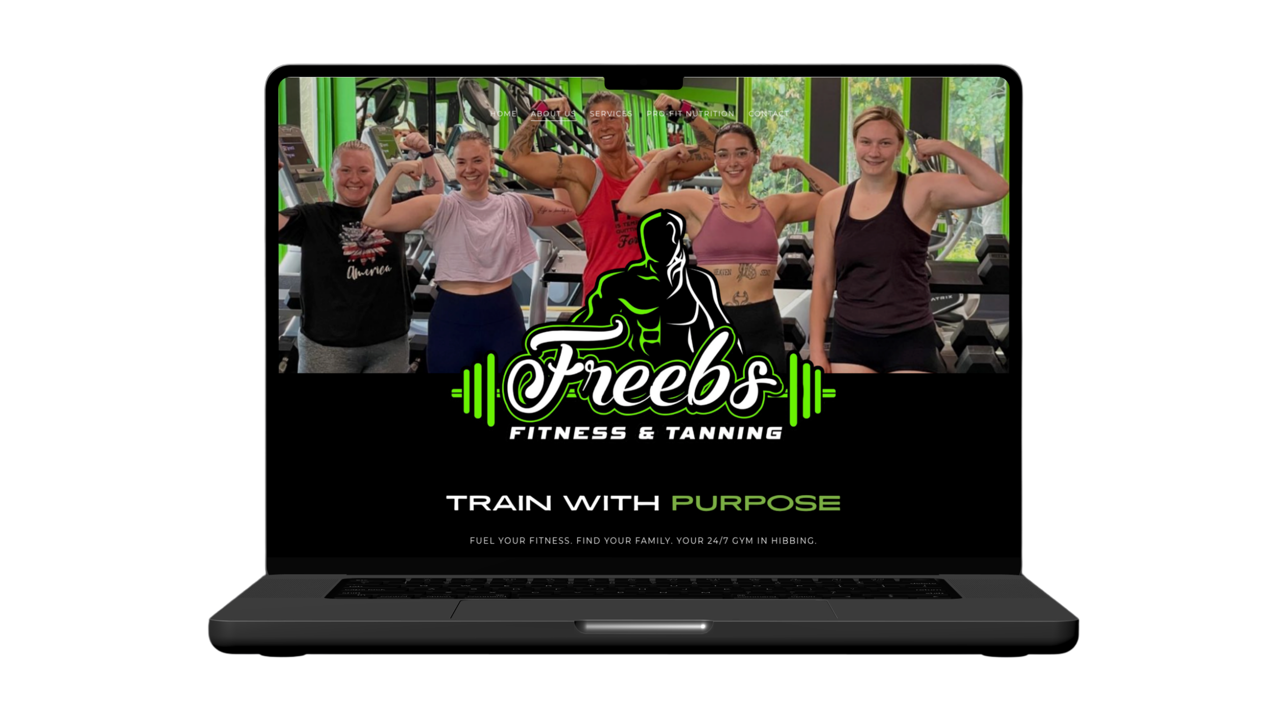 A fitness gym with five women flexing their muscles, standing in front of gym equipment. The image features a logo for Freebs Fitness & Tanning with a muscular figure and weightlifting bars, and text that reads 'Train with Purpose'.