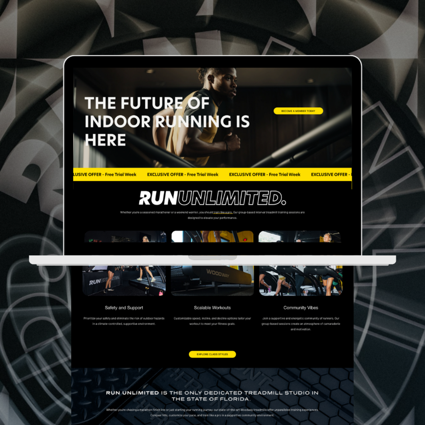 Laptop screen displaying a website for Run Unlimited, an indoor treadmill studio, with promotional banners, images of people running, and information about class styles and community support.