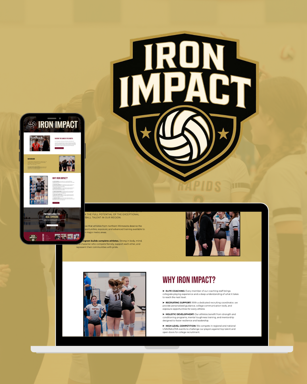 Logo for Iron Impact volleyball team, with image of team players in the background, shown on laptop and phone screens.