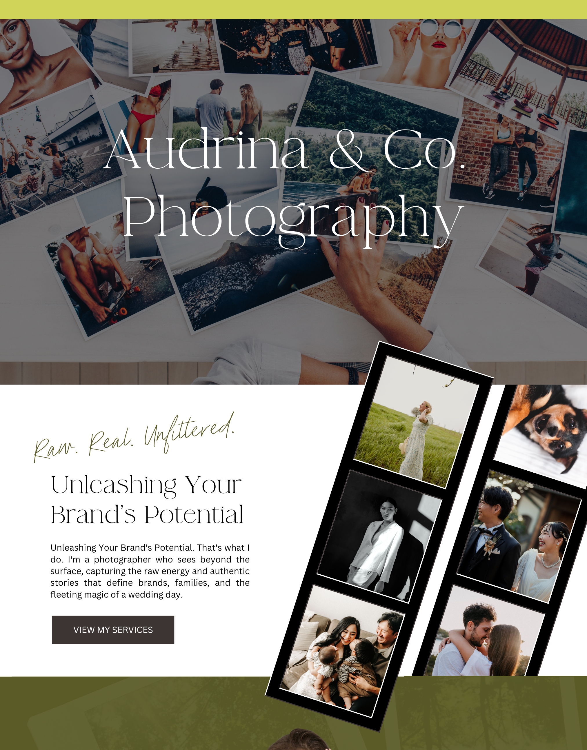 A collage of printed photographs of various people and scenes, including outdoor landscapes, people at gatherings, and individuals posing, with the overlay text 'Audrina & Co. Photography' and a section of text about photography services.