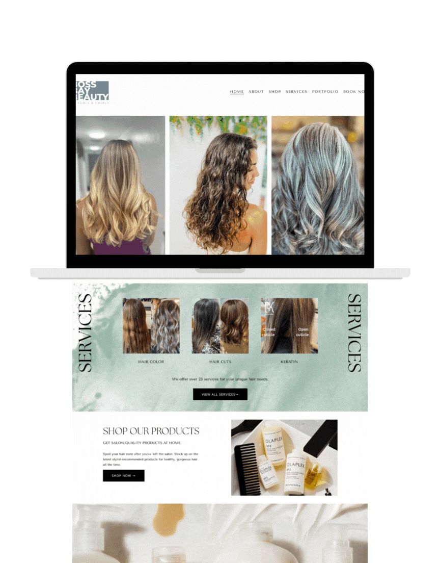 Computer screen displaying a hair salon website with images of women with different hairstyles and colors, and sections for services, products, and booking.