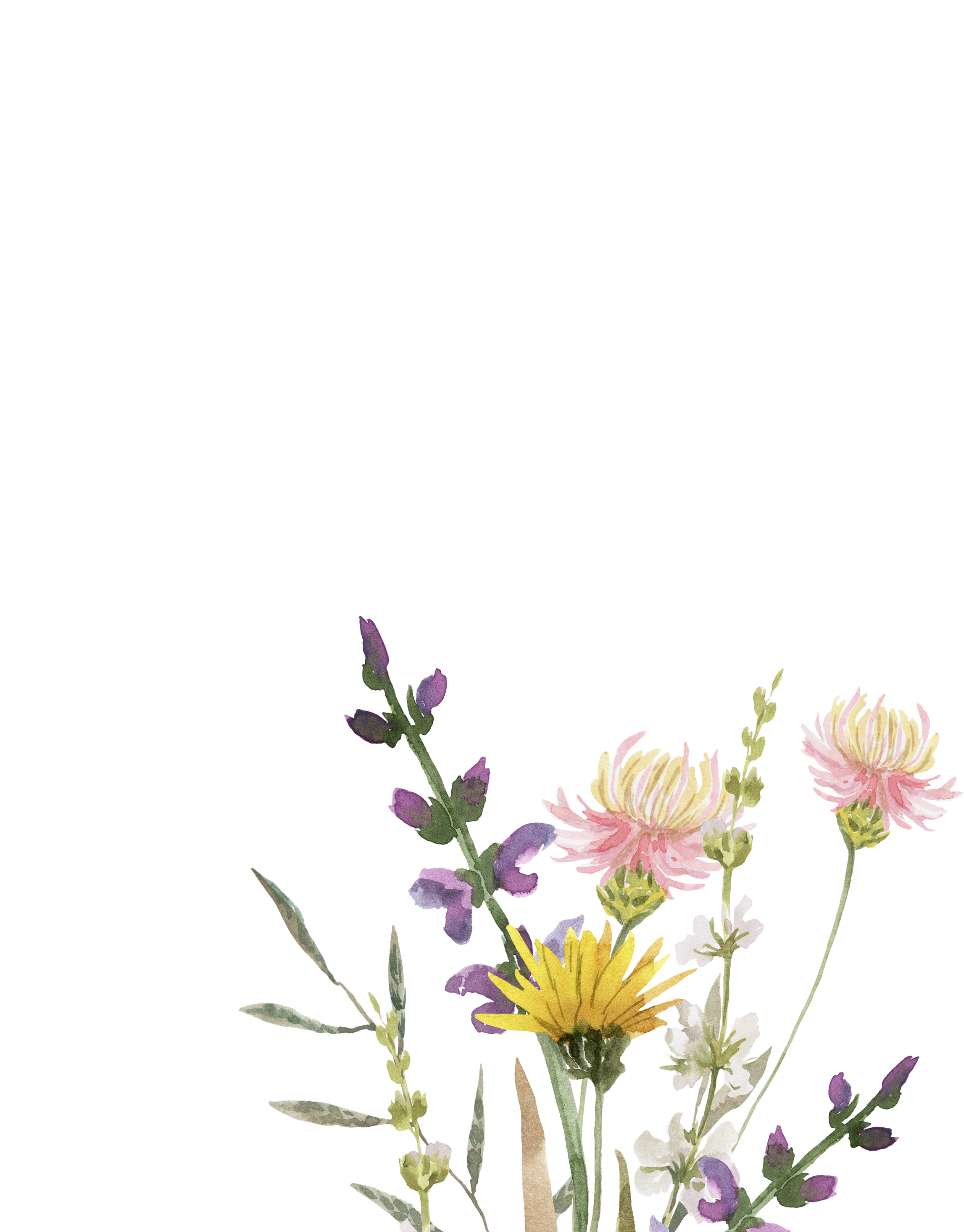 Watercolor illustration of a bouquet of various flowers, including pink, yellow, white, and purple blossoms