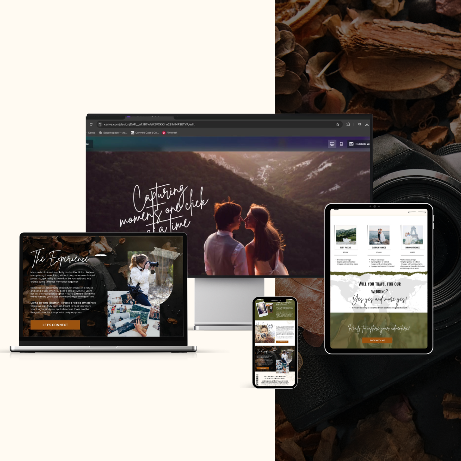 Multiple electronic devices displaying a wedding photography website with scenic outdoor photos, set on a background of dry leaves and pinecones, with a camera partially visible in the background.