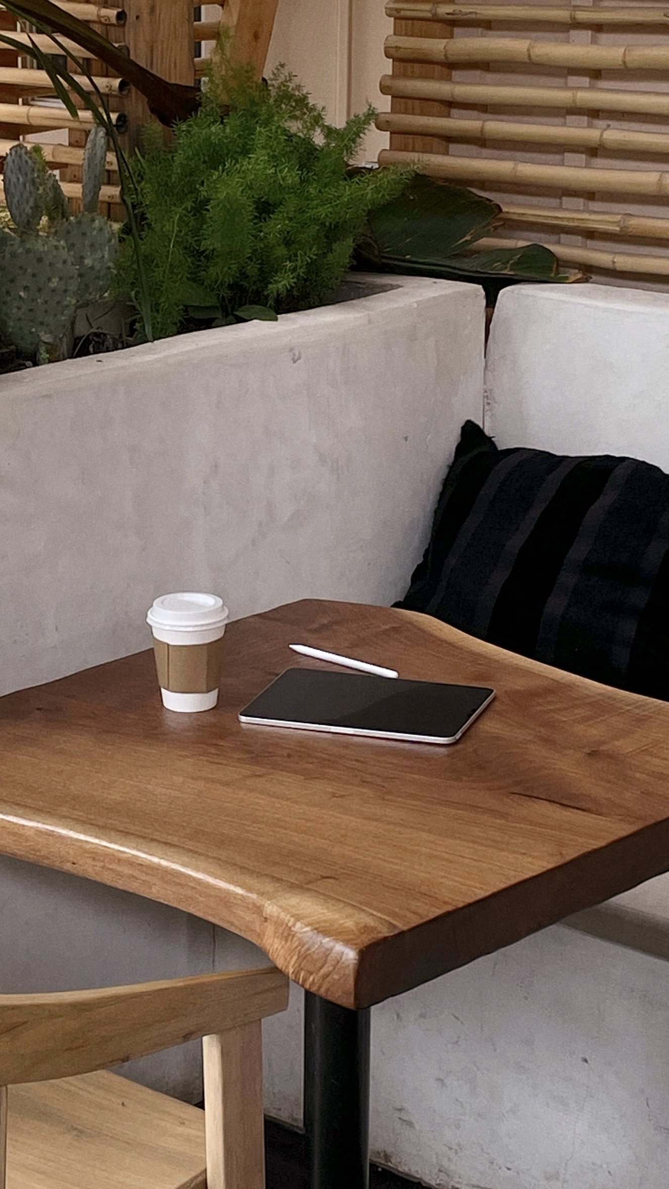 A wooden table with a disposable coffee cup, a tablet, and a stylus on top. In the background, there are plants, including cactus and leafy plants, and a wall with bamboo accents.