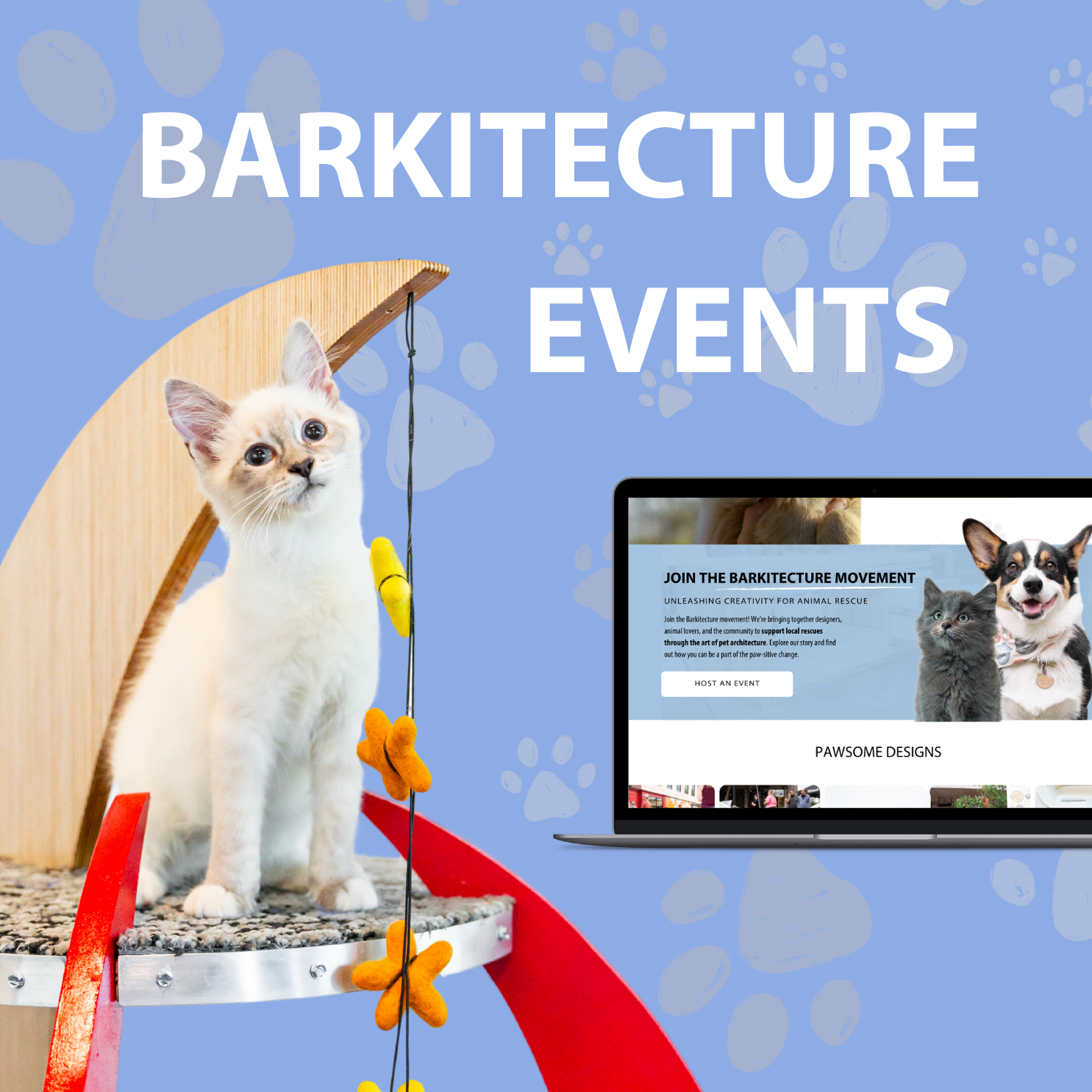 A promotional graphic for Barkitecture Events featuring a white kitten with blue eyes on a cat climbing platform, a laptop screen displaying the event website, and a blue background with dog paw print patterns.