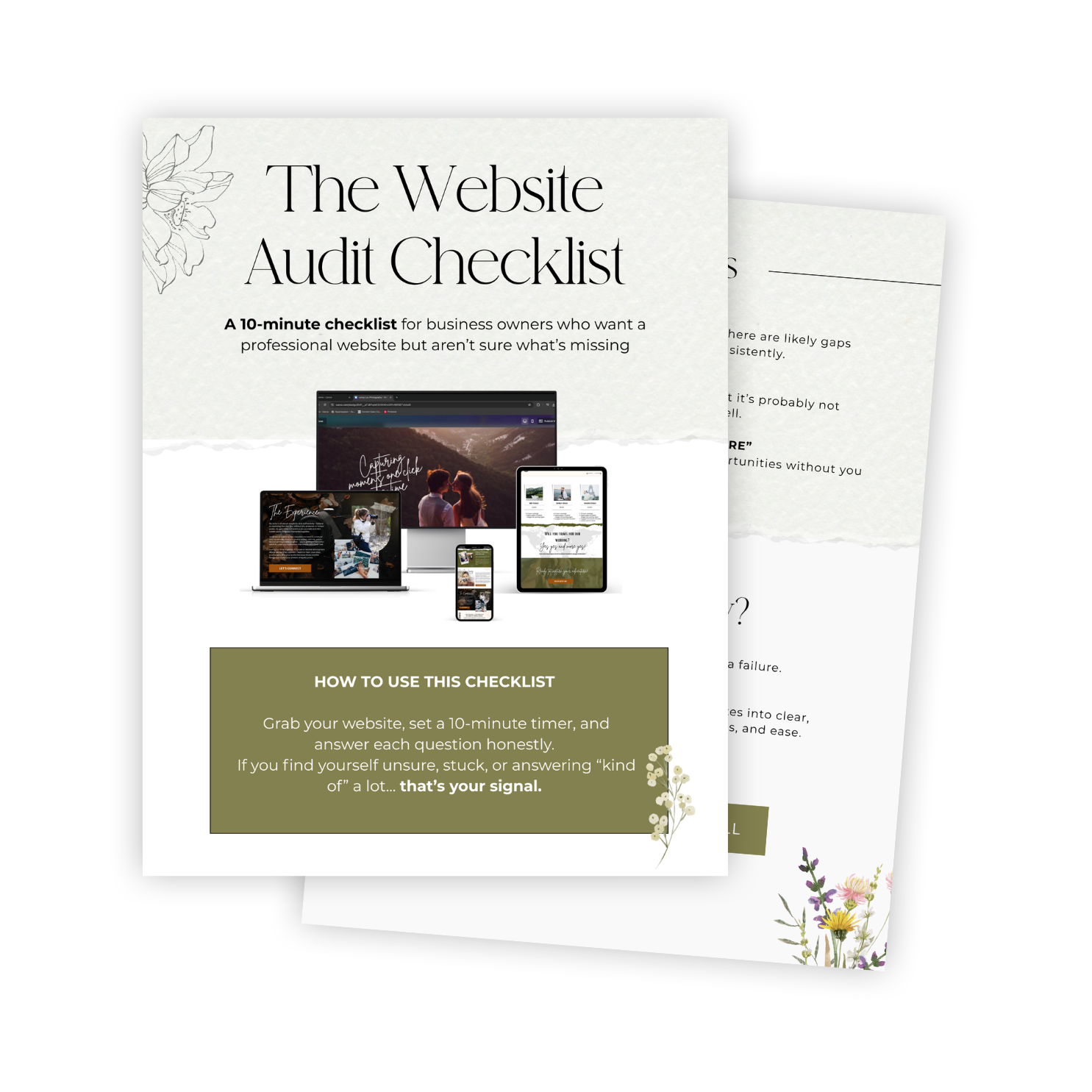 The image shows a digital booklet titled 'The Website Audit Checklist' with a subtitle indicating it's a 10-minute checklist for business owners. The booklet features images of various devices displaying website screenshots and has decorative floral illustrations in the corners.