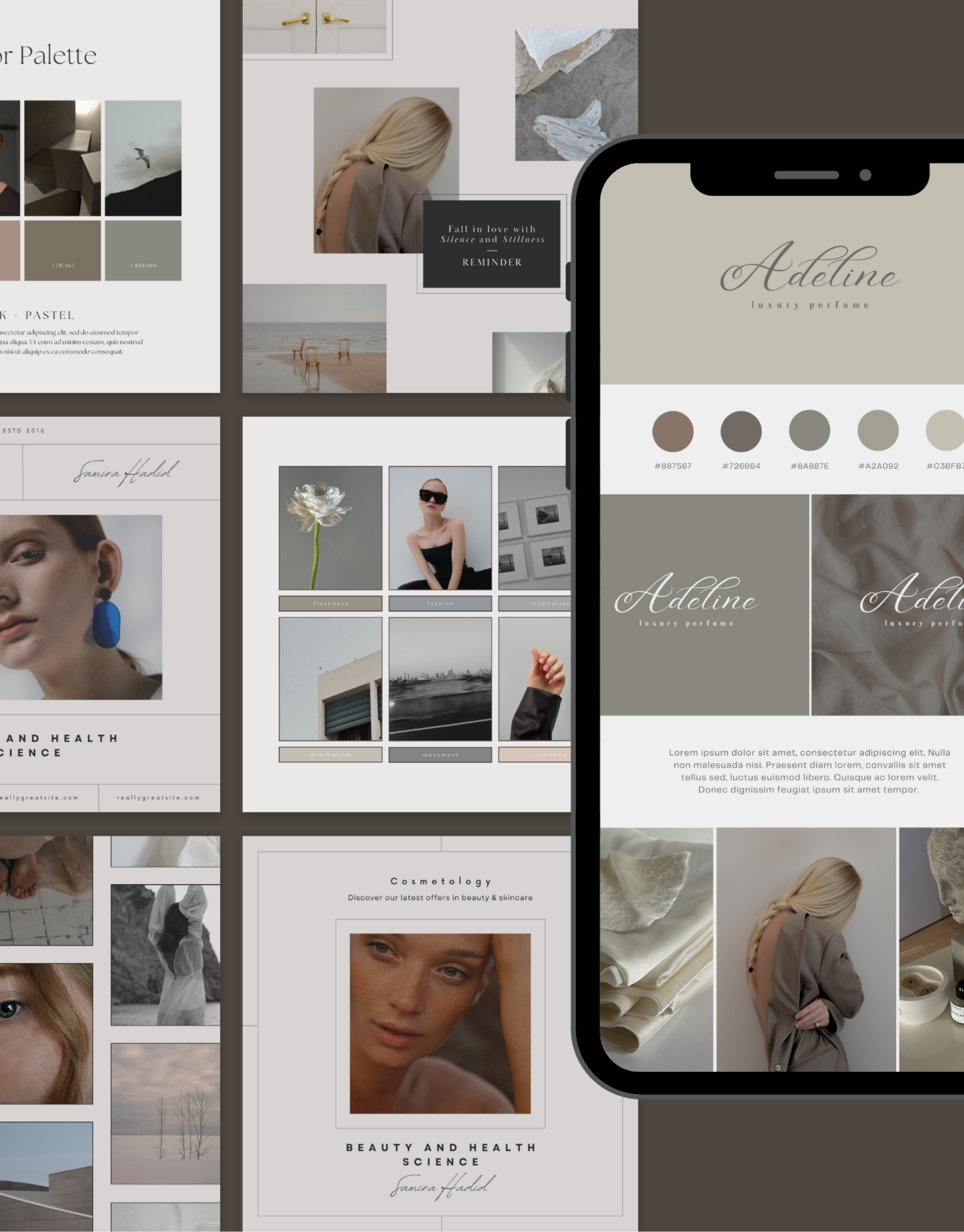 Collection of various digital mood boards and design layouts featuring neutral color palettes, fashion images, skincare and beauty products, and minimalist aesthetic elements. Some displays include photos of models, abstract textures, and nature scenes.