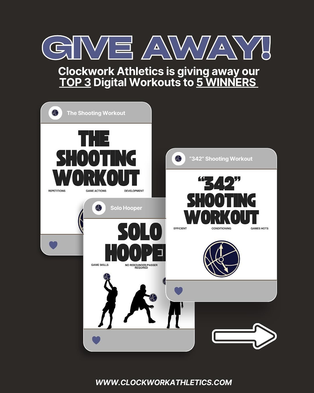 We are GIVING AWAY our TOP 3 digital workouts to 5 WINNERS for free!
π₯The Shooting Workout
π₯Solo Hooper
π₯”342” Shooting Workout (JJ Redick Inspired Workout)
HOW TO ENTER:
π Follow @clockworkathletics
π Like and SHARE this post