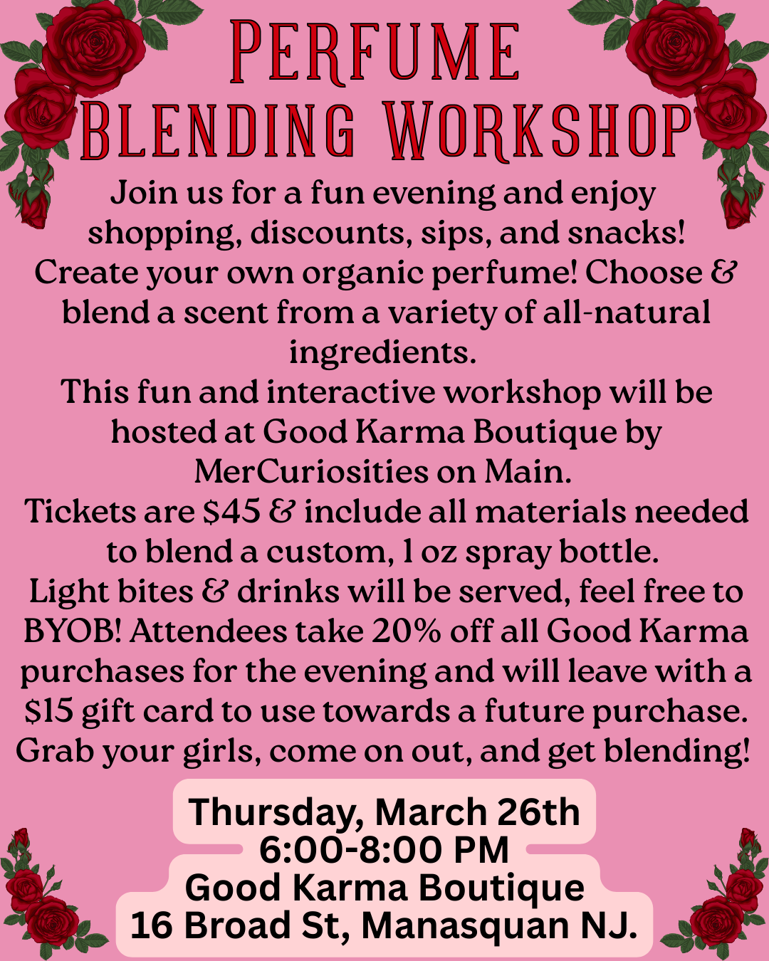 Perfume Bar, Sip &amp; Shop @ Good Karma Boutique