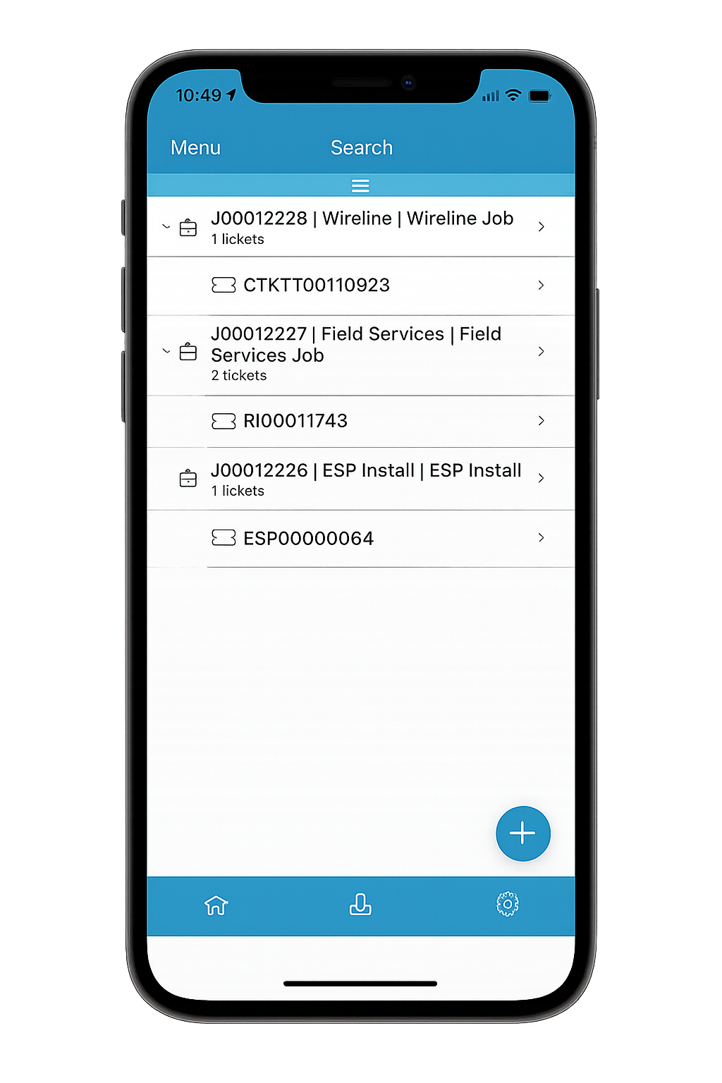 Field ticketing software mobile app interface showing job tickets for field service teams