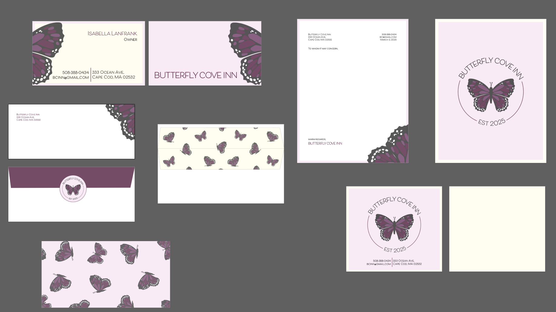 Stationery set for Butterfly Cove Inn, featuring items like business cards, letterhead, envelopes, and notecards with butterfly designs and mauve color scheme.