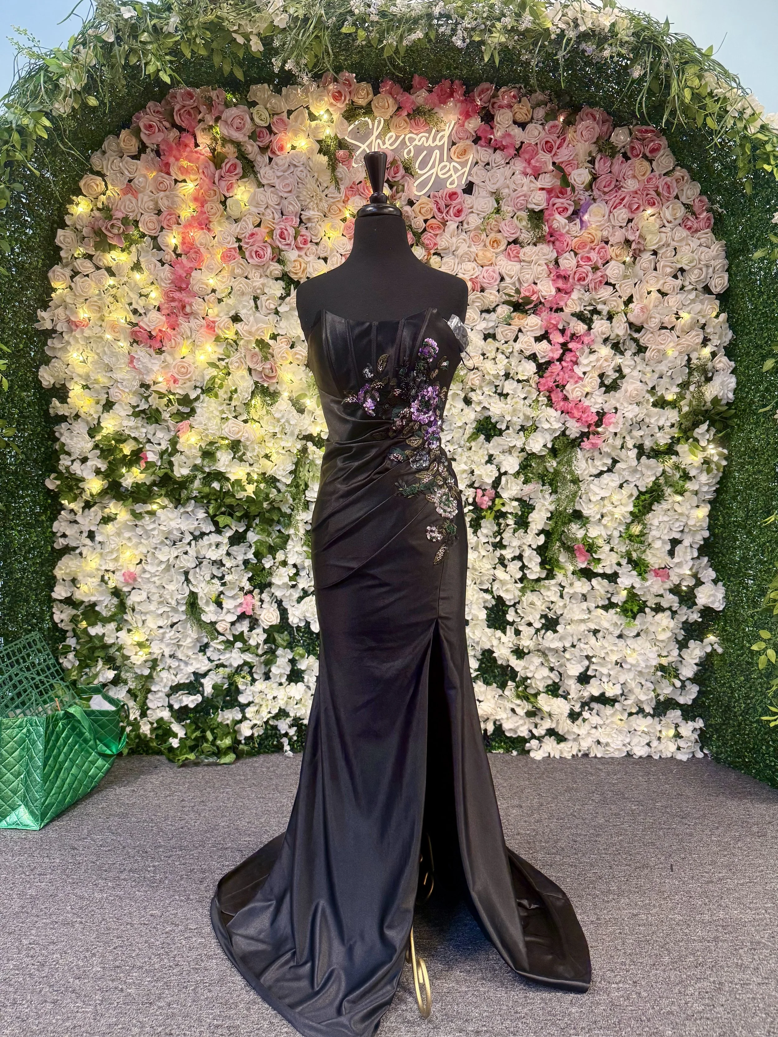 Black Shimmer Floral Prom Gown