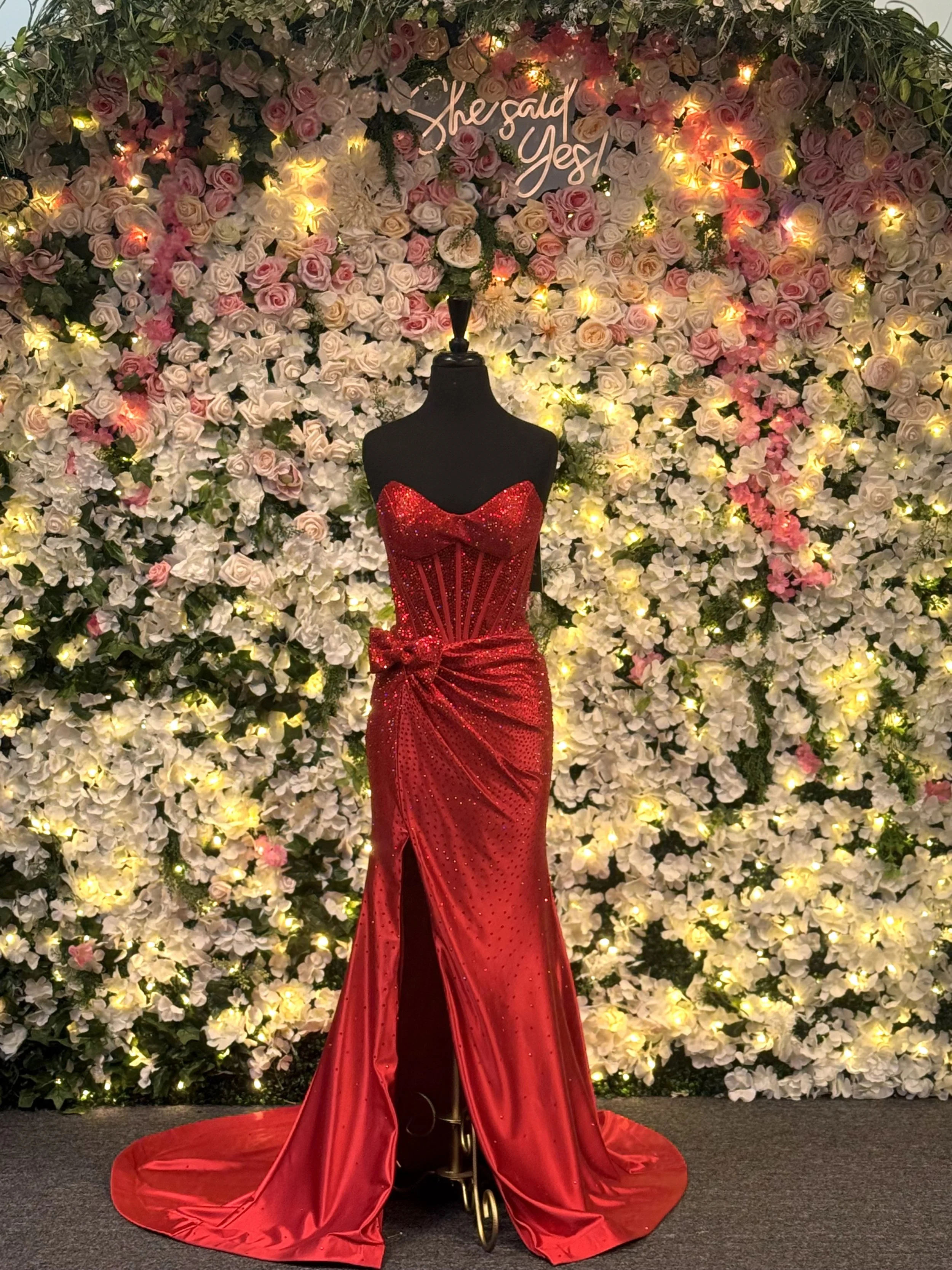 Strapless Rhinestone Slit Prom Gown