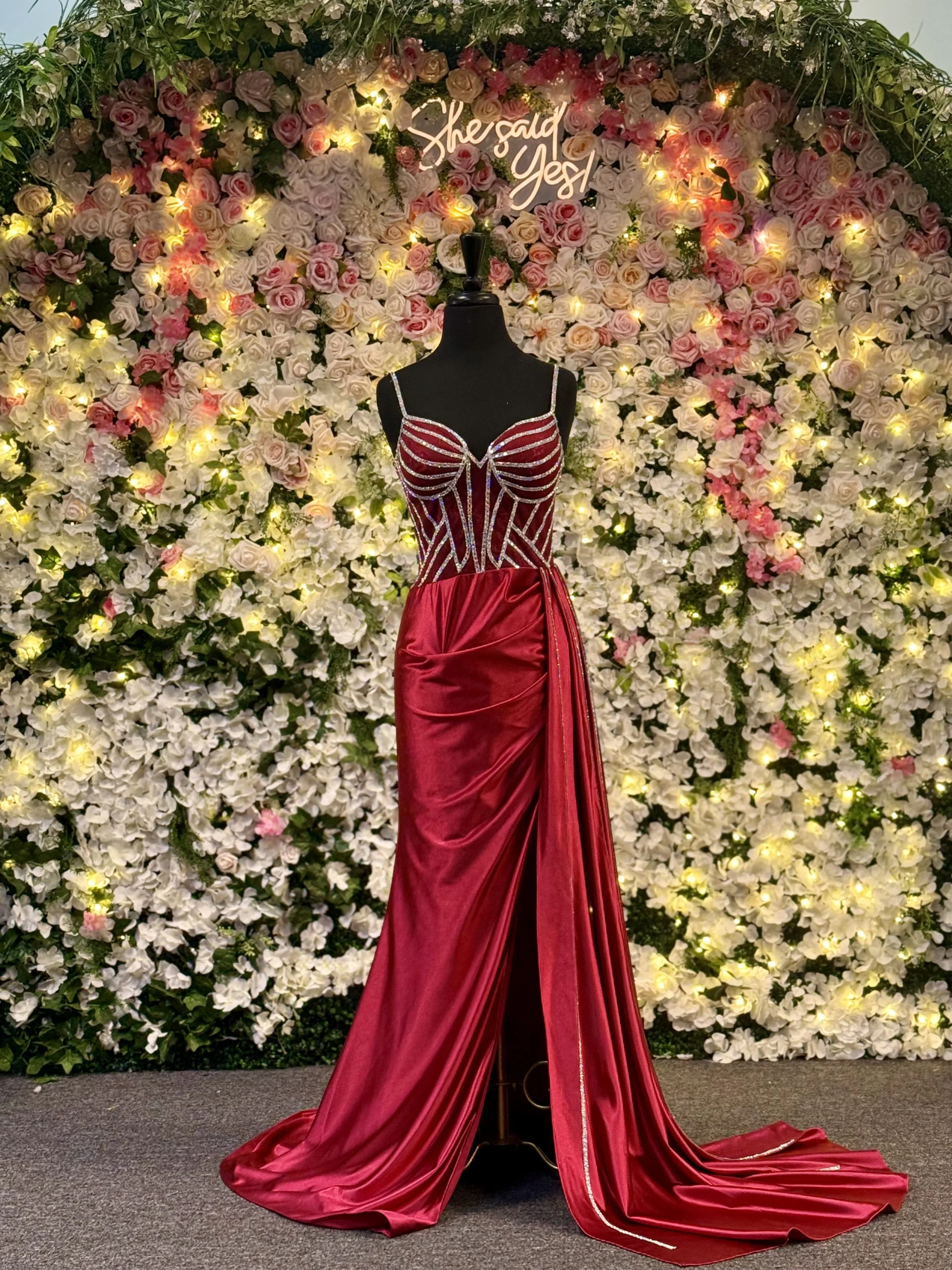 Red Rhinestone Spaghetti Strap Prom Dress