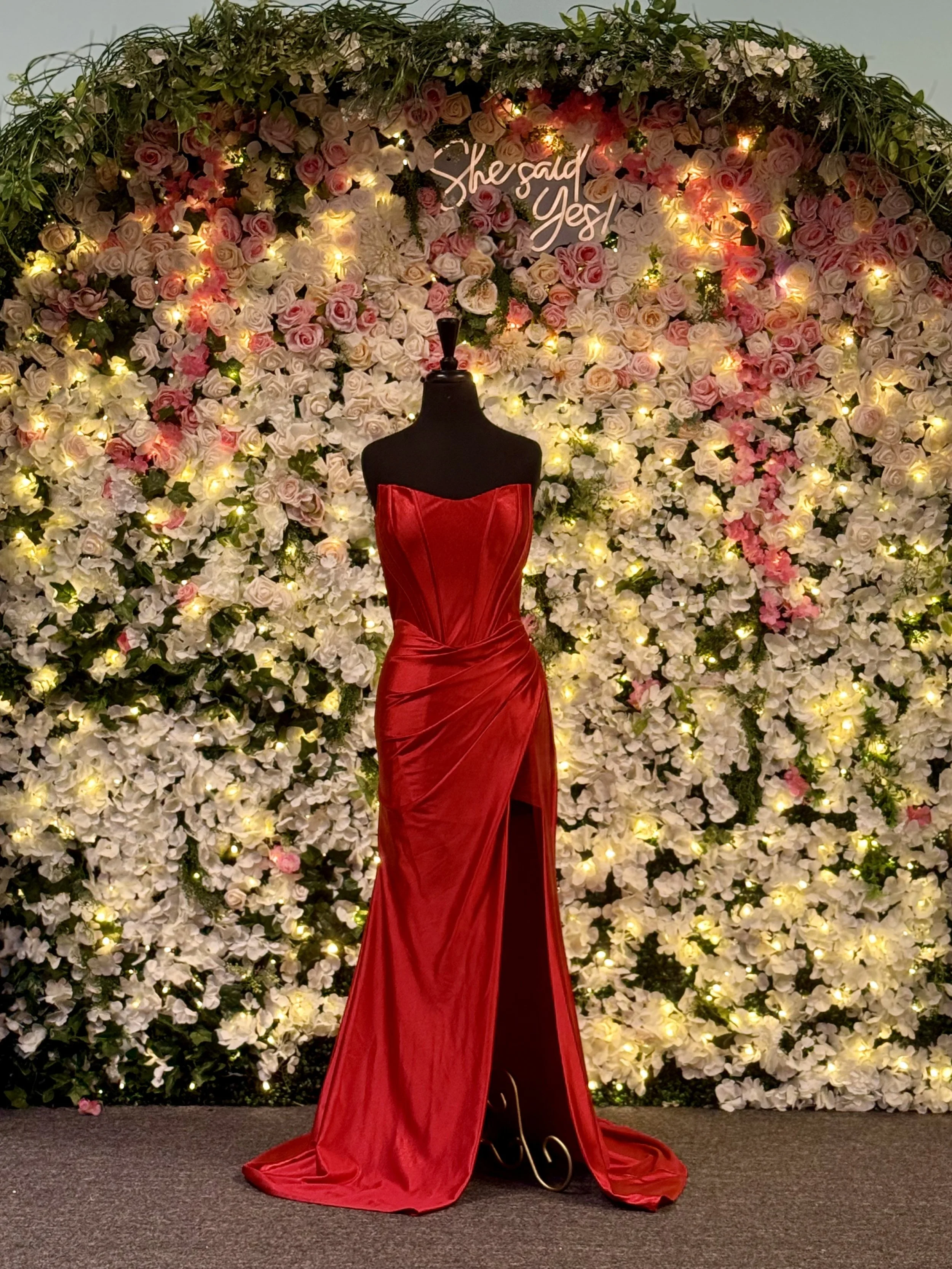 Red Satin Sweetheart Slit Prom Gown