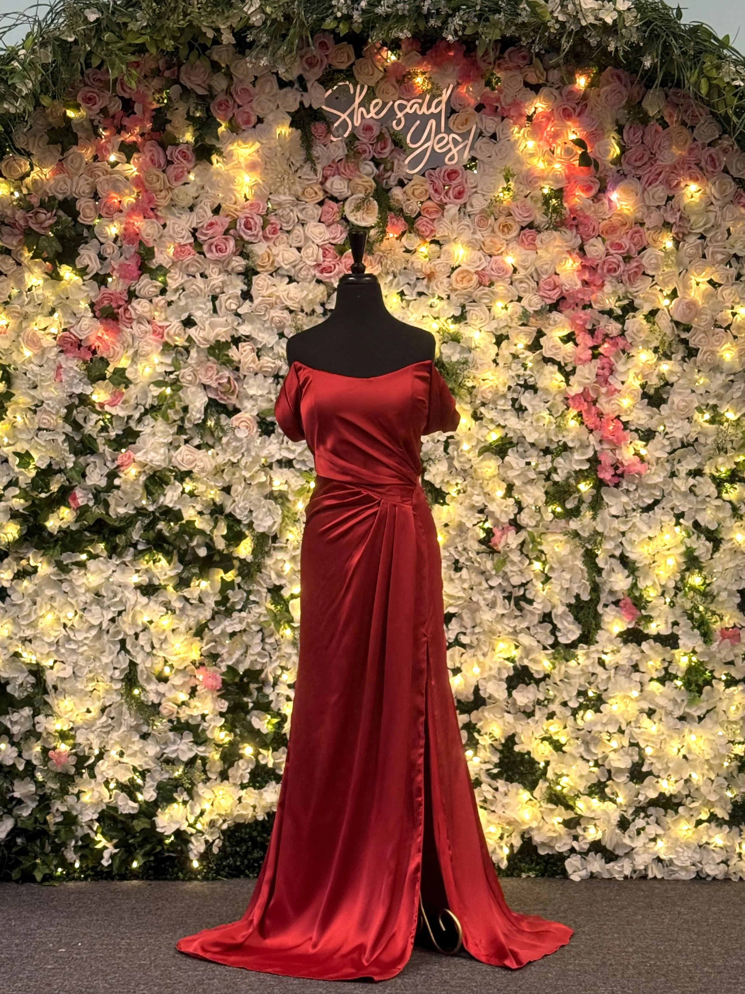 Red Off‑Shoulder Gathered Satin Prom Dress