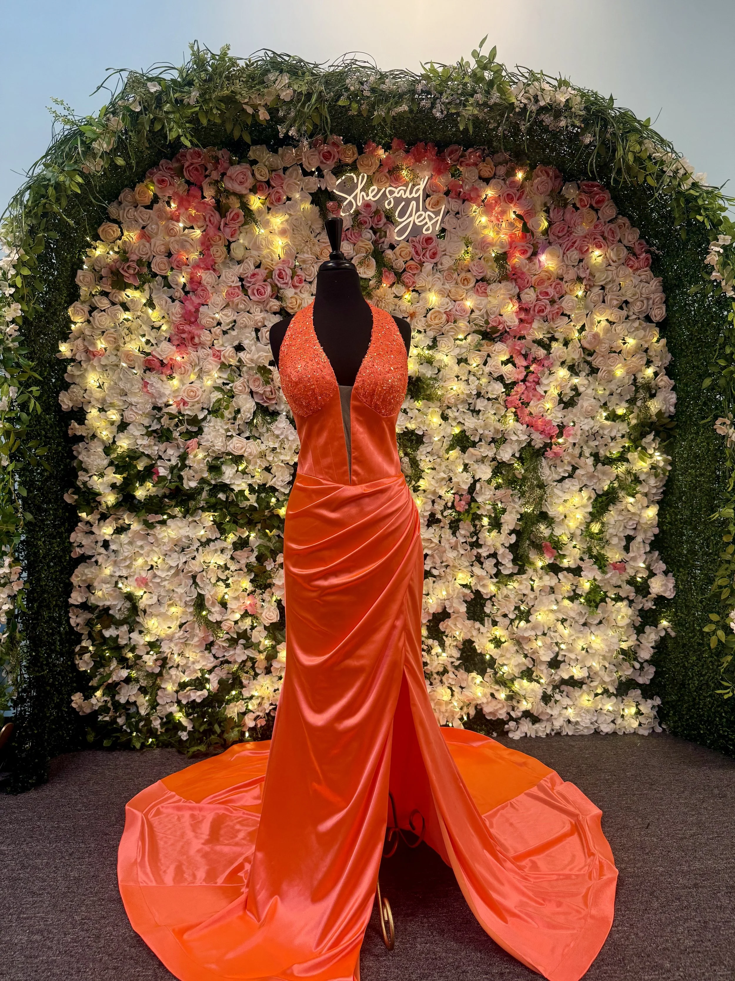 Bright Orange Sequin Halter Prom Gown