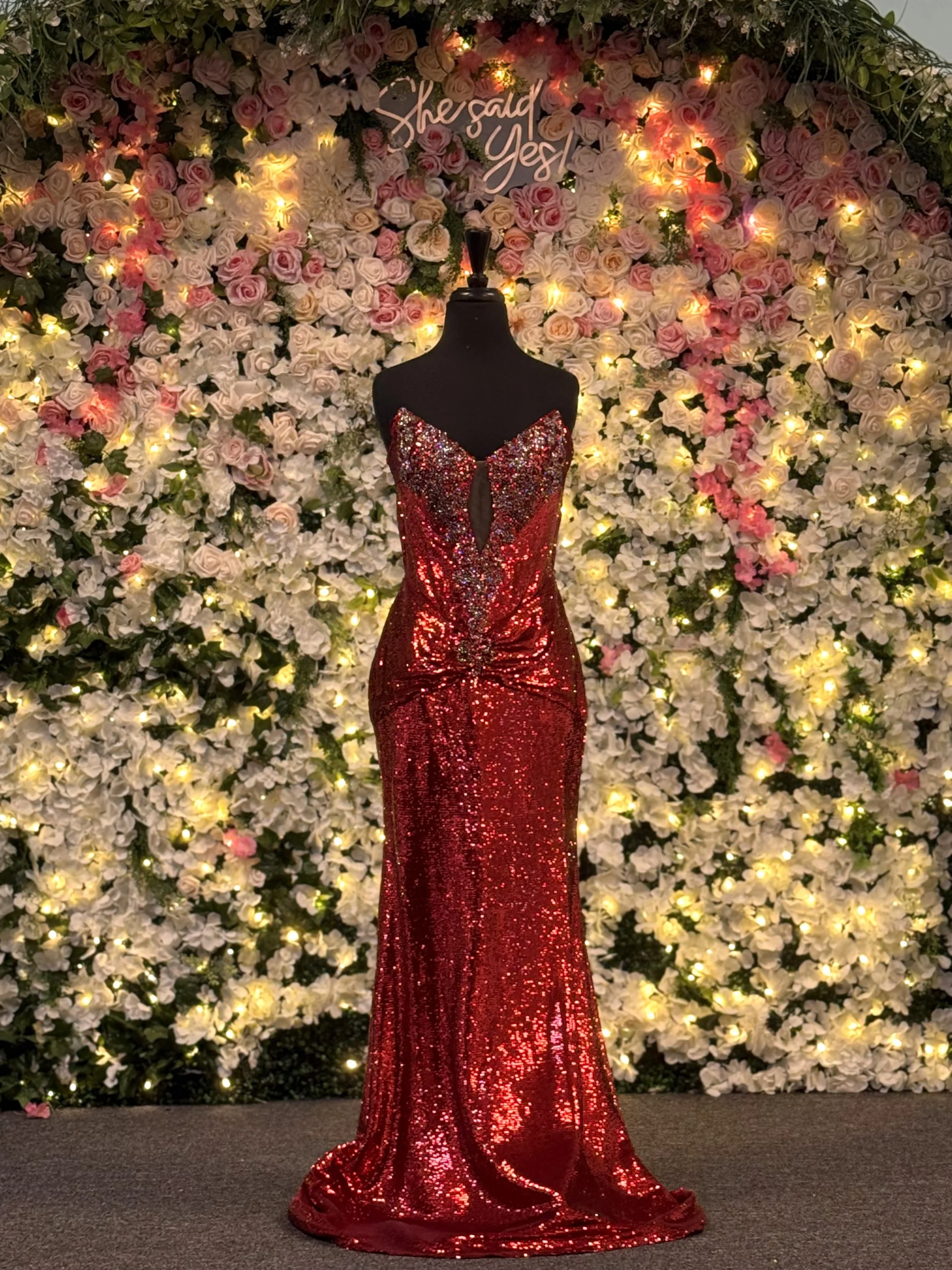 Red Sequin Keyhole Knot Gown