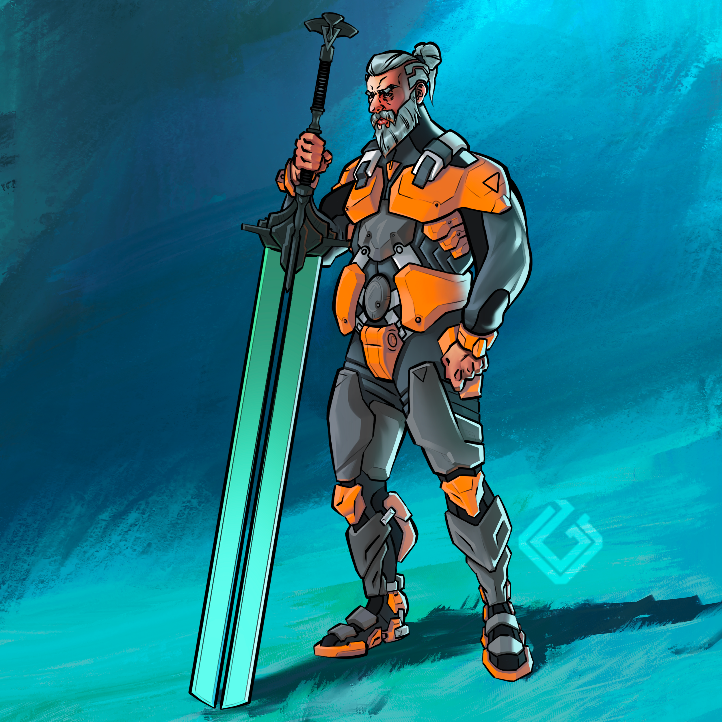  Against a backdrop of teal and deep blues, the painting exudes an aura of otherworldly mystique, hinting at the vastness and unknown depths of space that surround Dorian IV. The colors not only complement Arless's armor and sword but also serve to e