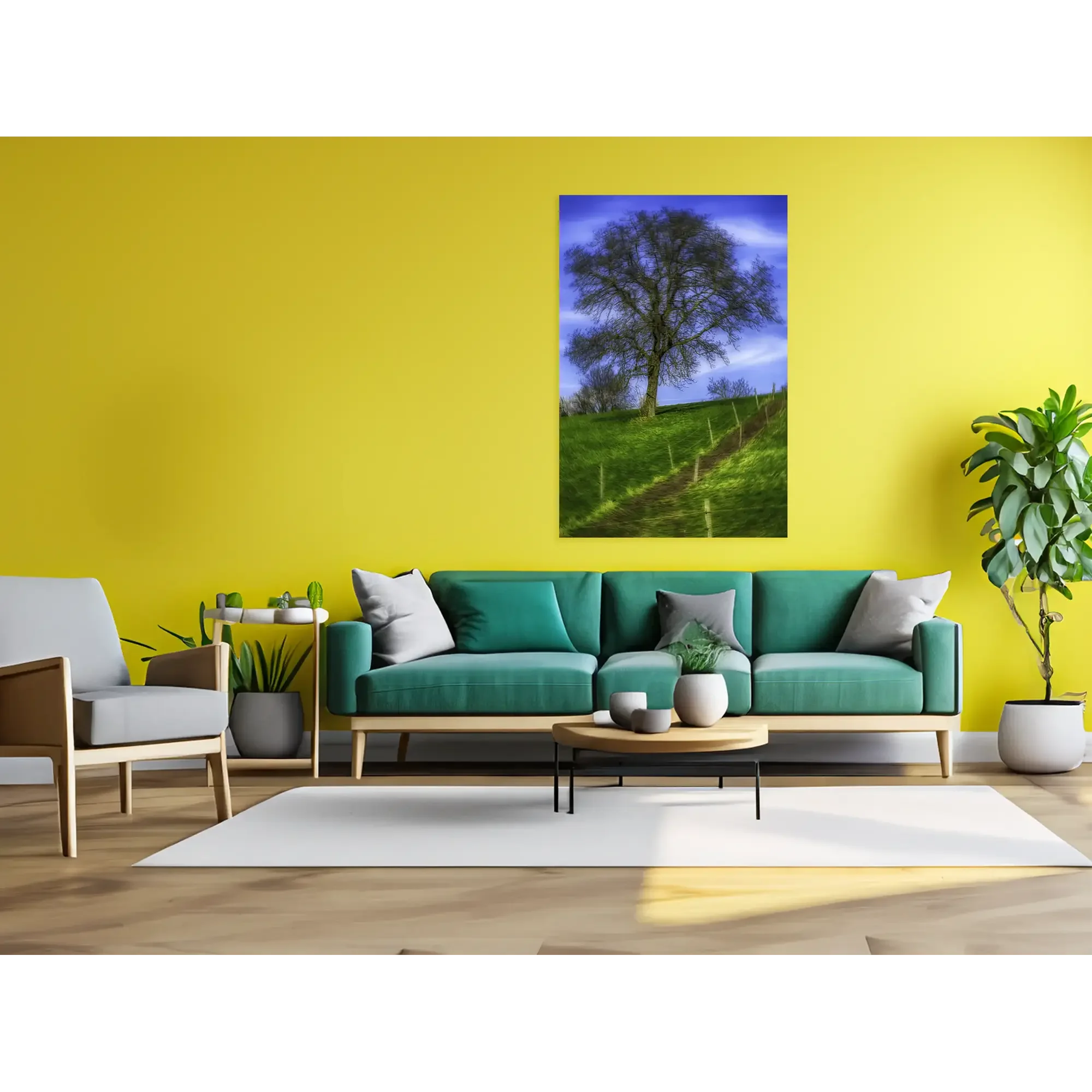 Fine Art Print Baum Odenwald auf Alu-Verbund kaschiert rahmenlos im modernen Wohnzimmer mit gelber Wand und grünem Sofa Wanddekoration