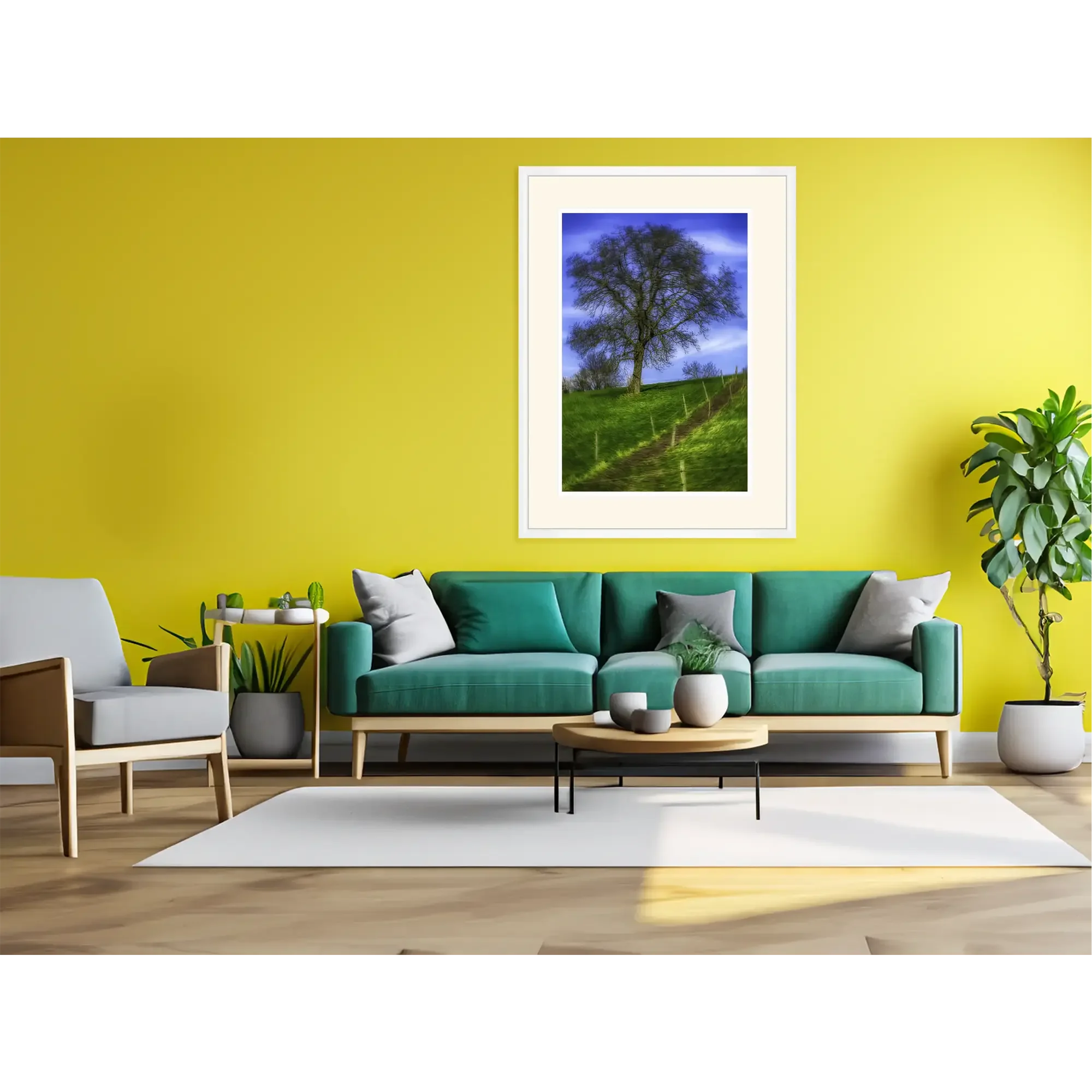 Gerahmter Fine Art Print Baum Odenwald in weißem Holzrahmen mit cremefarbenem Passepartout im Wohnzimmer moderne Wandkunst abstrakte Fotografie 