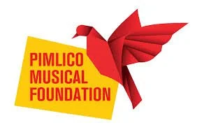 Logo of Pimlico Musical Foundation featuring a red origami-style bird next to a yellow rectangle with red text.