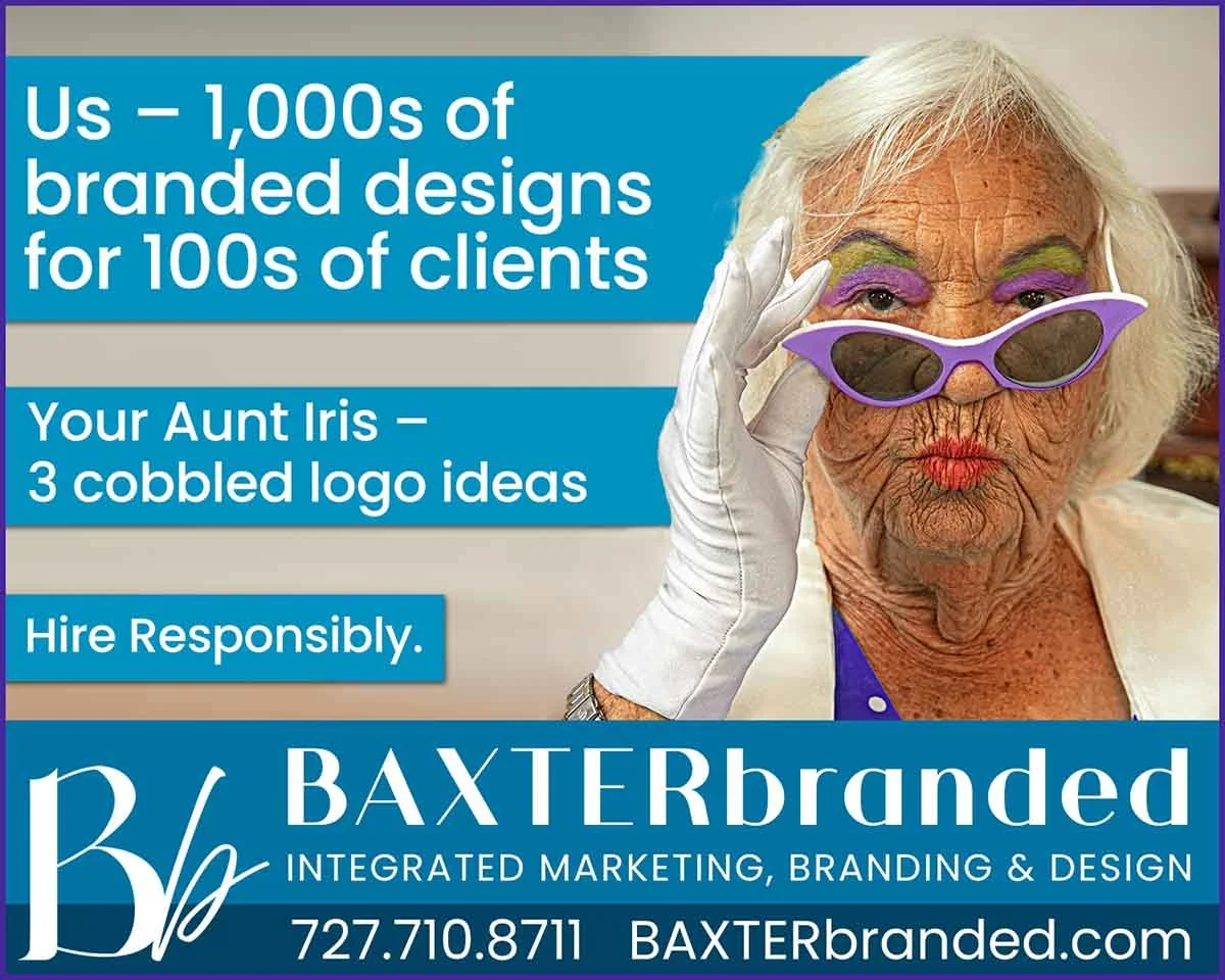 US - thousands of branded designs for hundreds of clients. Your Aunt Iris - three cobbled logo ideas. Hire Responsibly. Baxter Branded - branding, marketing, creative design.