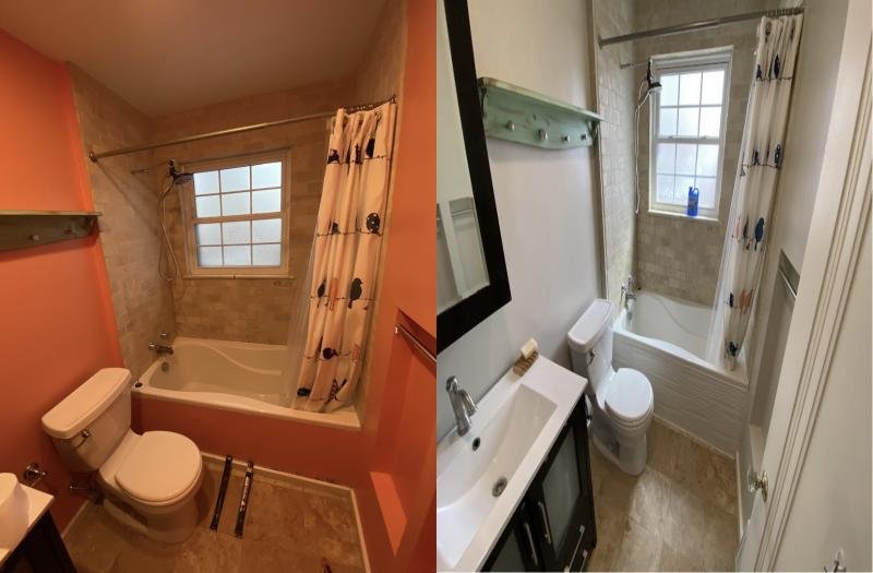Install tile on side of bath tub, paint bathroom