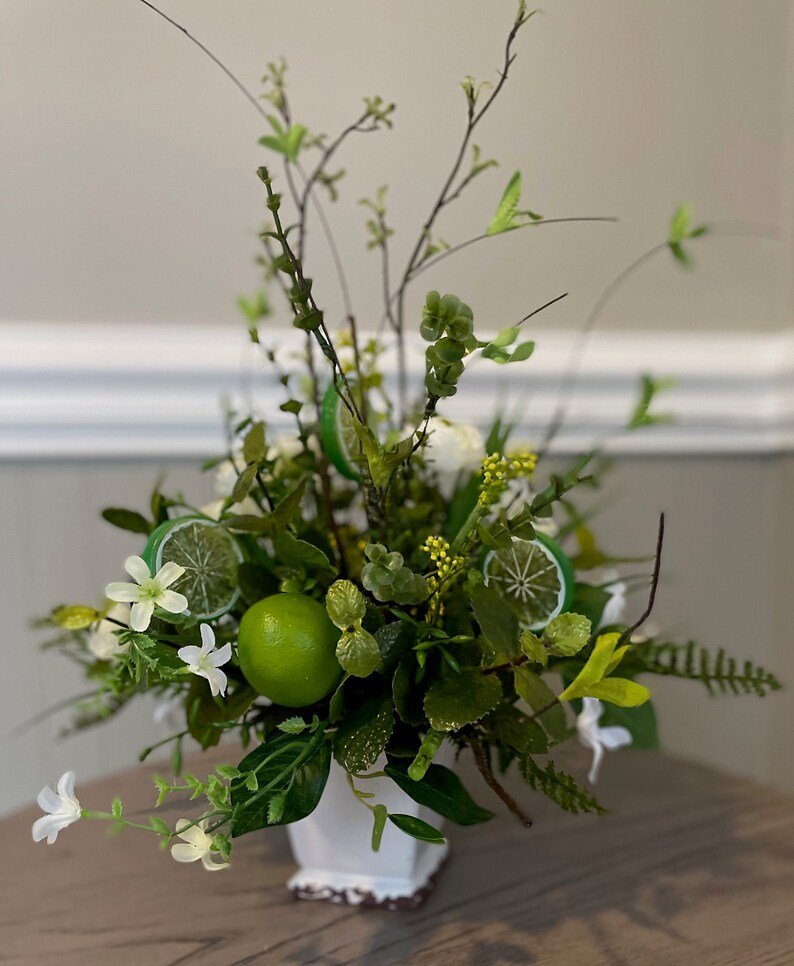 Summer Tabletop Floral Arrangement with Lime and White Blooms, Green, White, and Yellow Centerpiece in White Ceramic Container